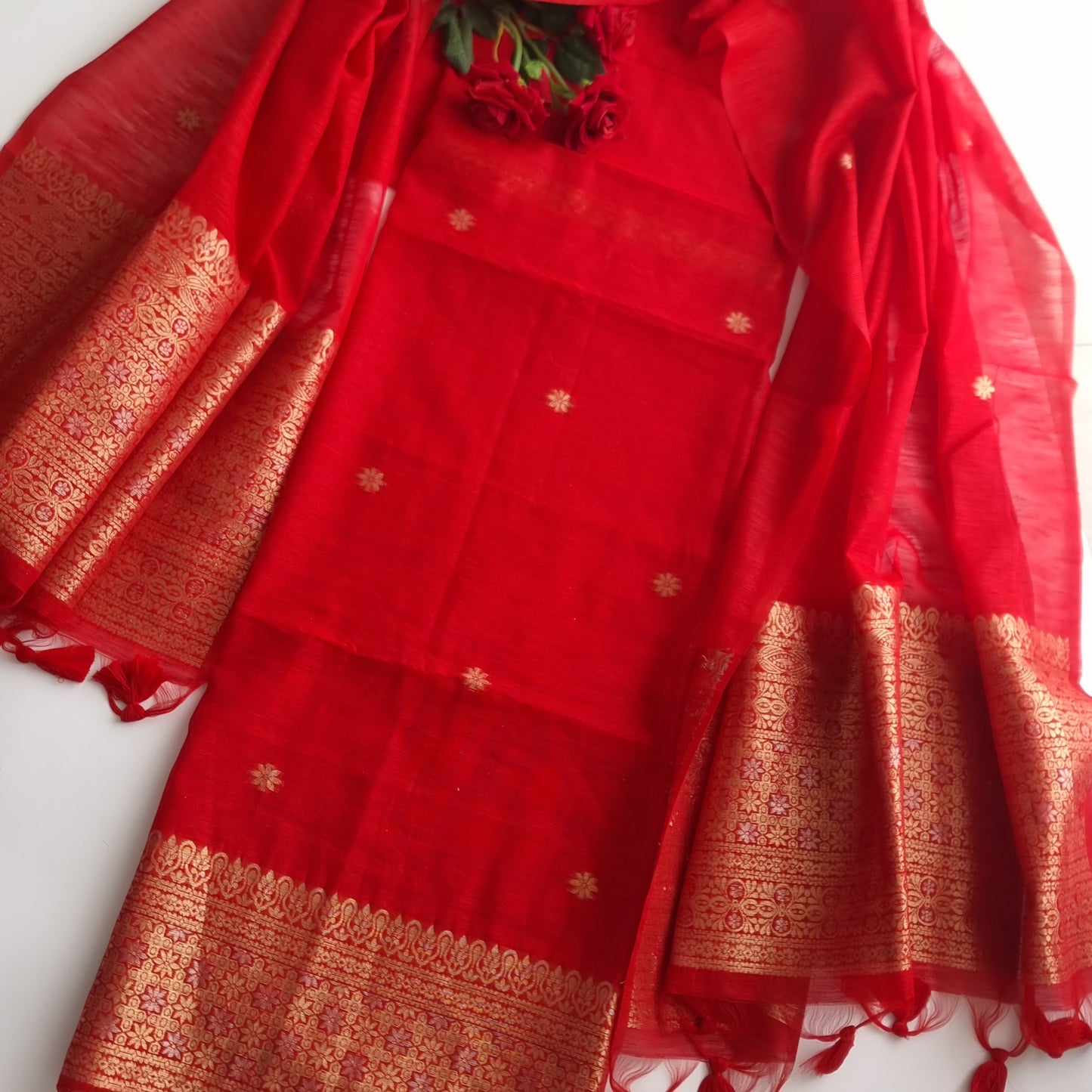 Red Vedika Silk Unstitched suit material