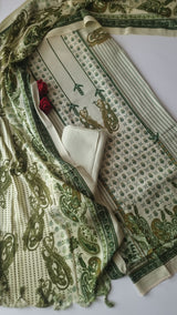 Green Printed Pashmina Unstitched suit set
