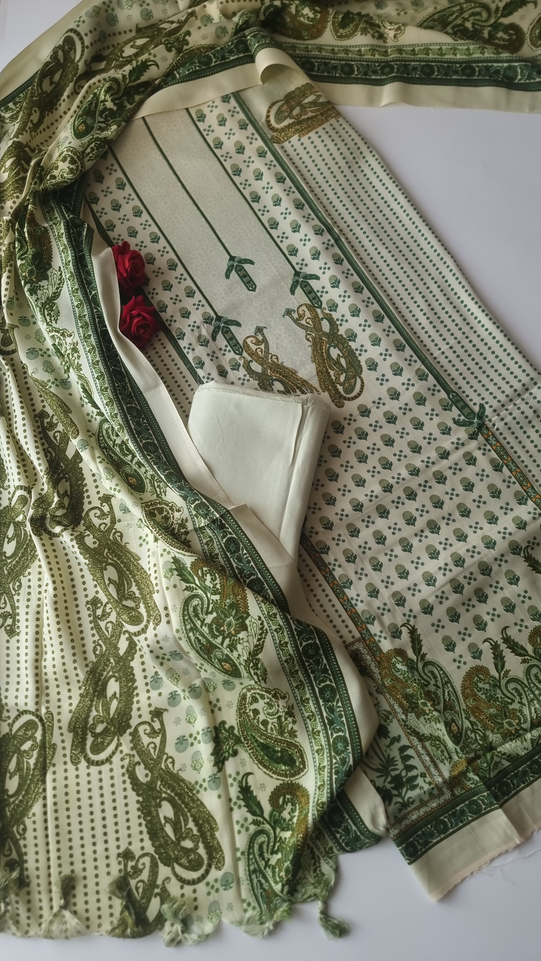 Green Printed Pashmina Unstitched suit set