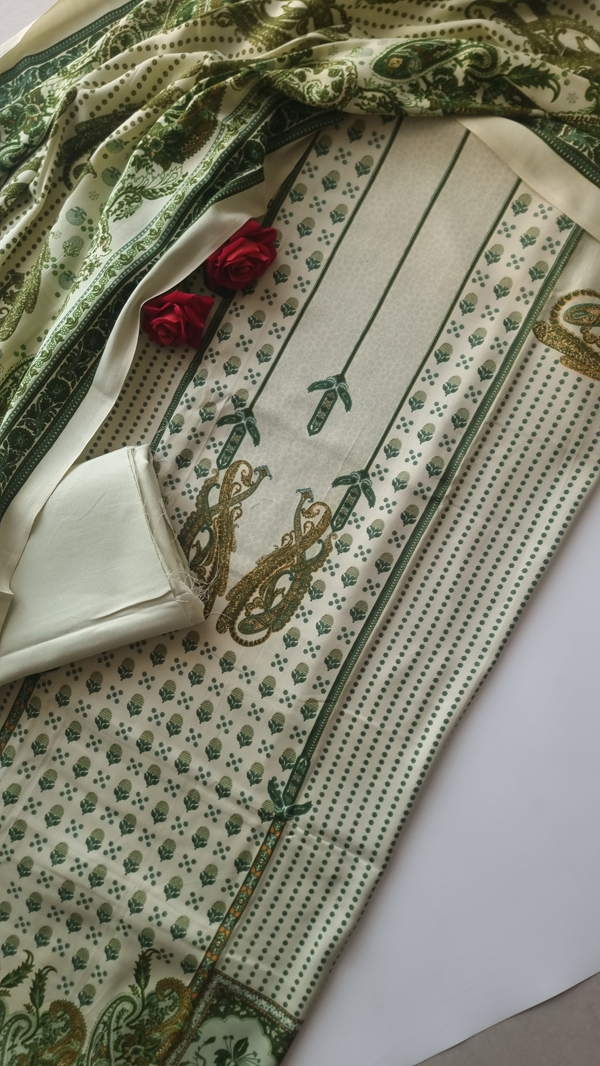 Green Printed Pashmina Unstitched suit set