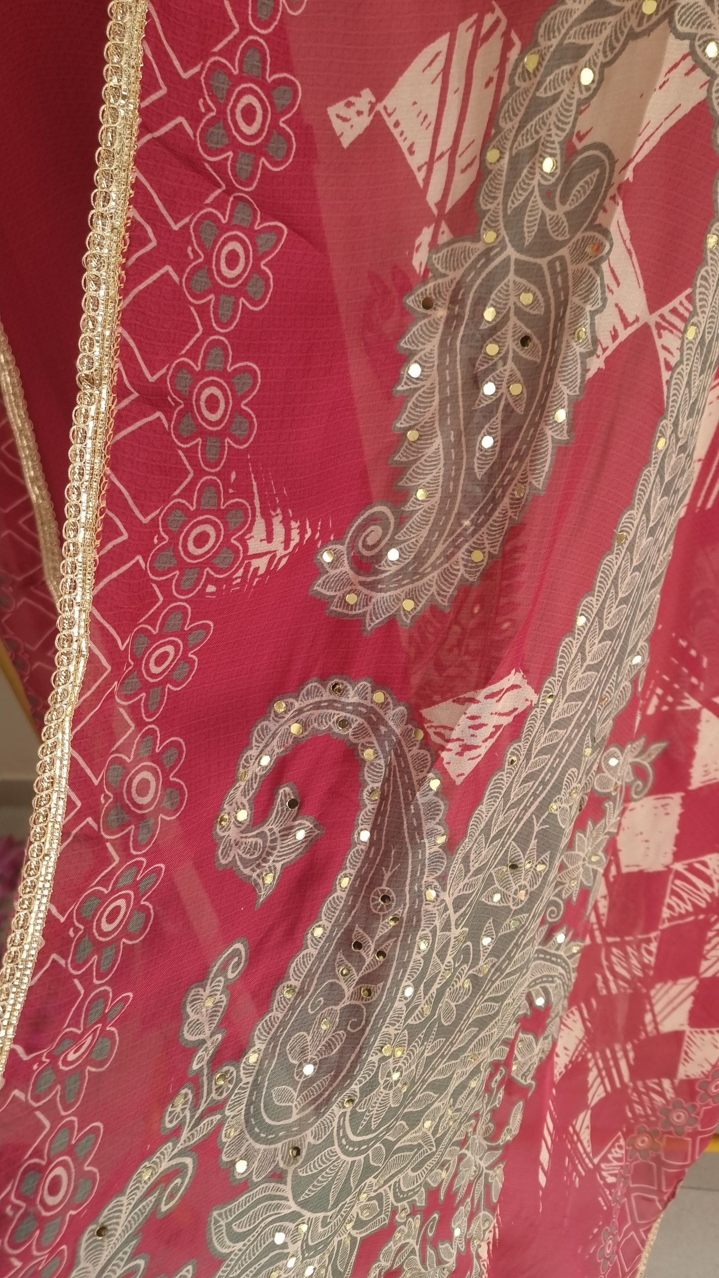 Pink Masleen Handwork Unstitched suit with print and mirrors