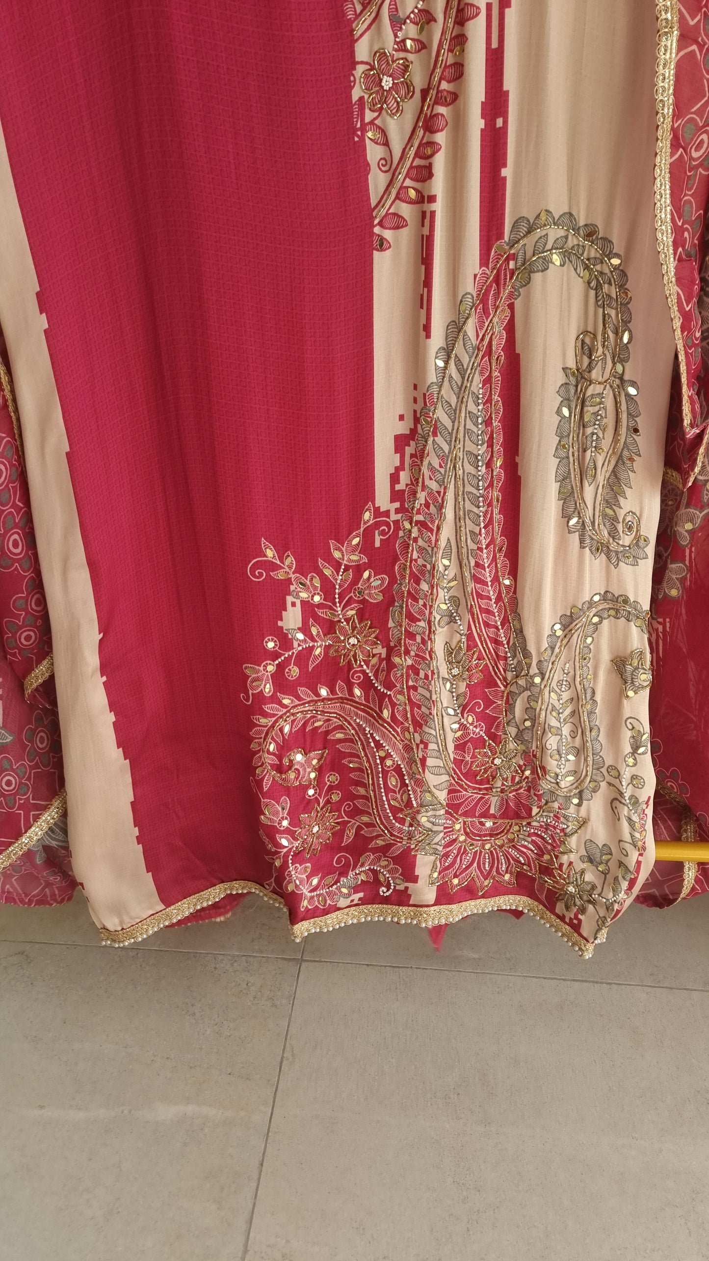 Pink Masleen Handwork Unstitched suit with print and mirrors