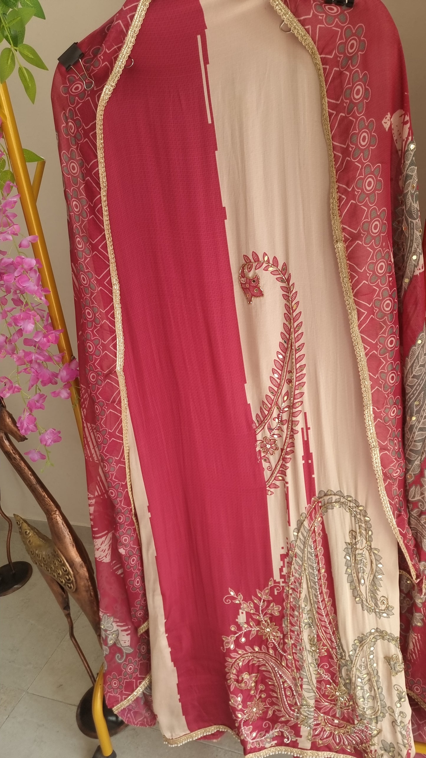 Pink Masleen Handwork Unstitched suit with print and mirrors