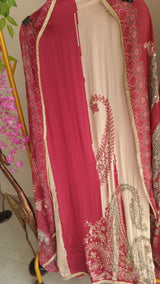 Pink Masleen Handwork Unstitched suit with print and mirrors