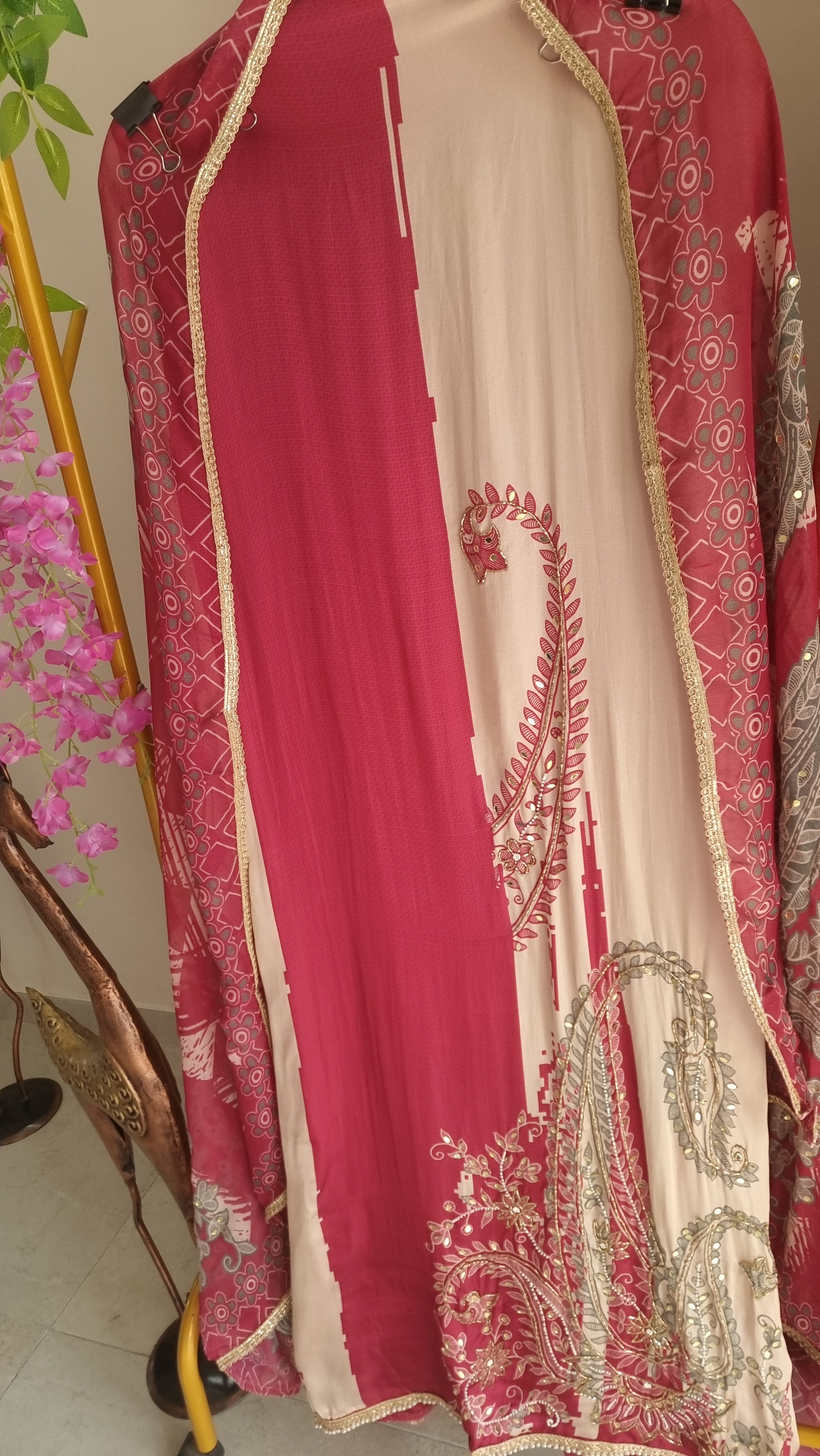 Pink Masleen Handwork Unstitched suit with print and mirrors