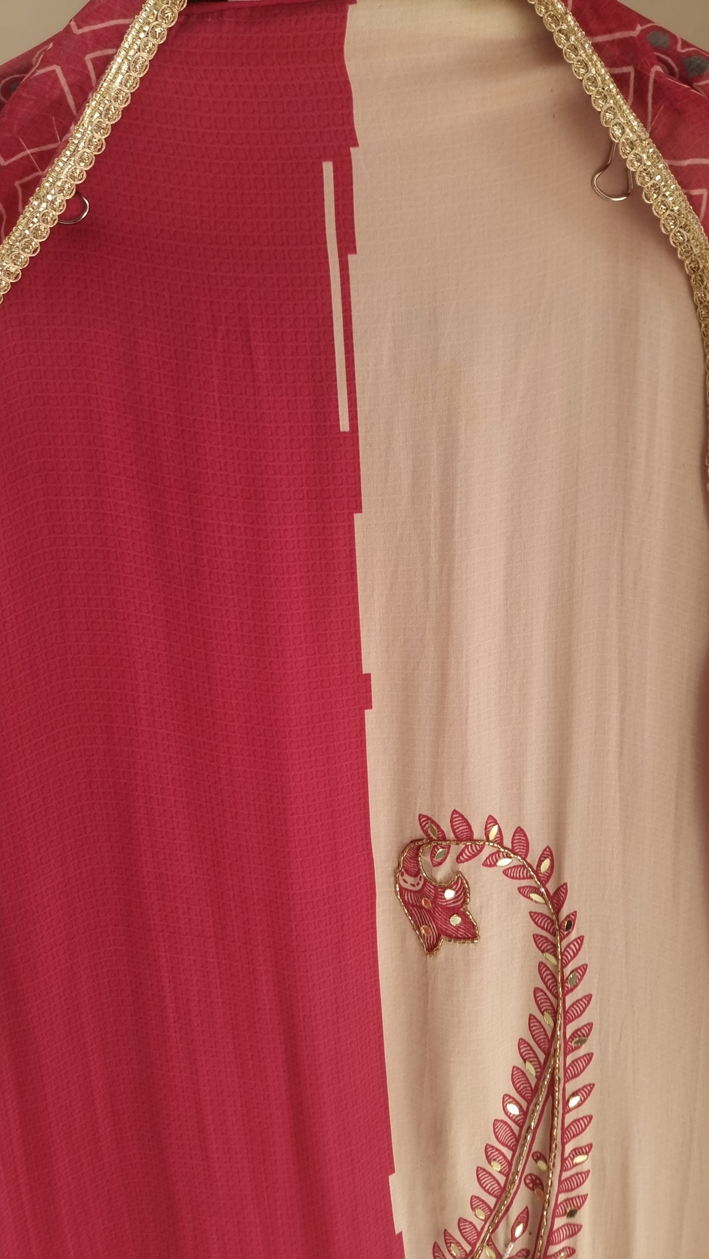 Pink Masleen Handwork Unstitched suit with print and mirrors