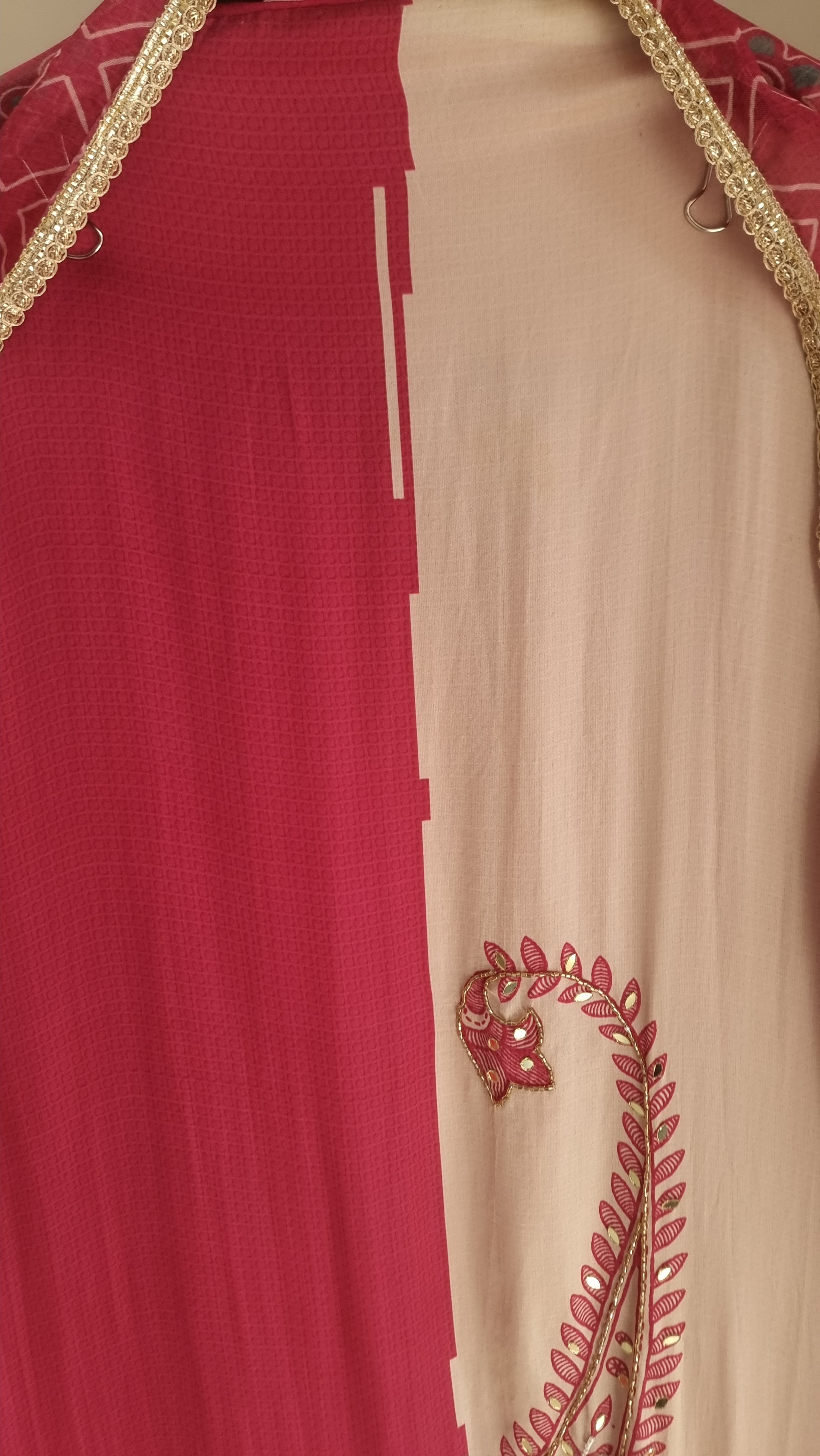 Pink Masleen Handwork Unstitched suit with print and mirrors