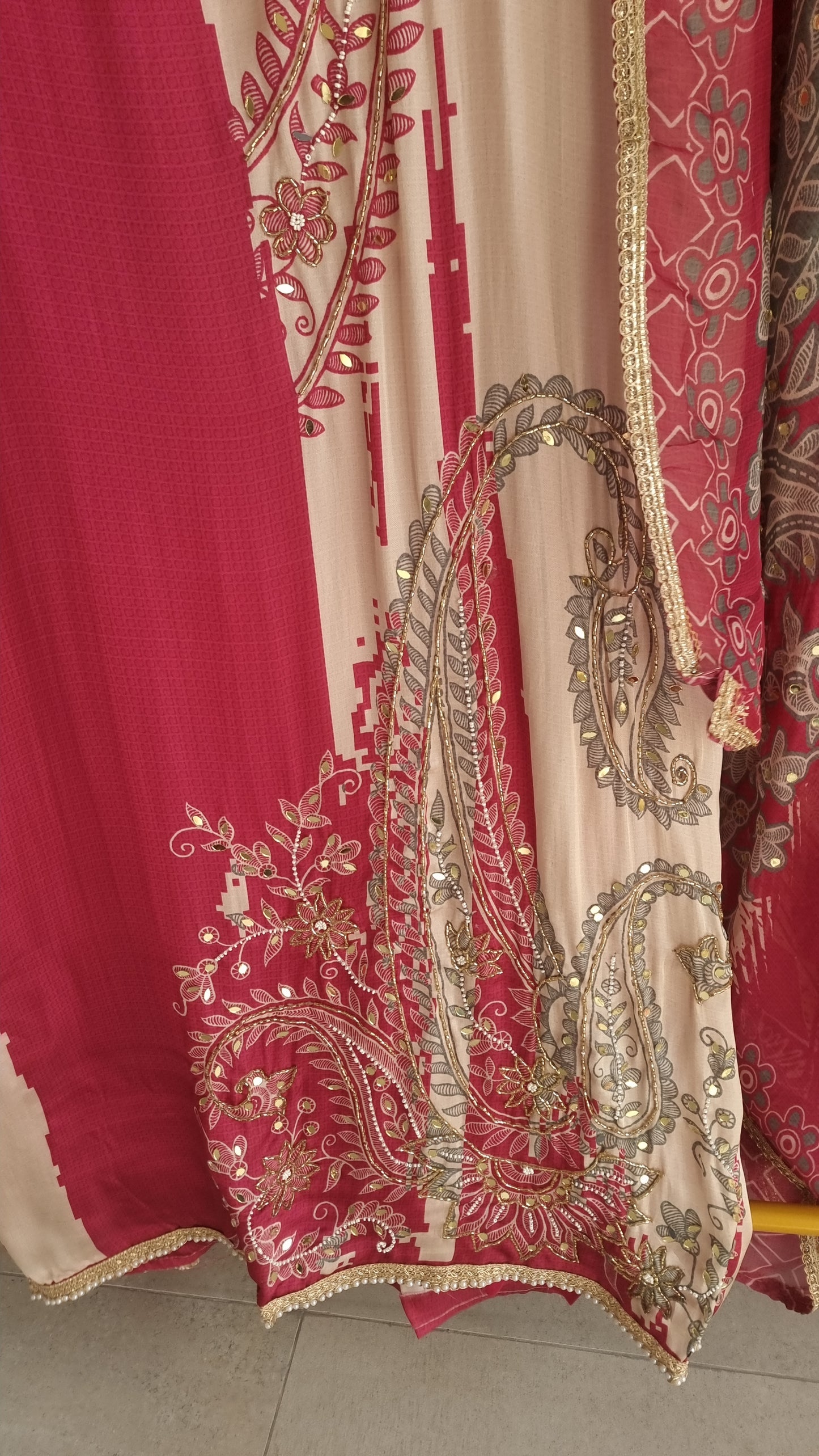 Pink Masleen Handwork Unstitched suit with print and mirrors