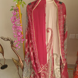 Pink Masleen Handwork Unstitched suit with print and mirrors