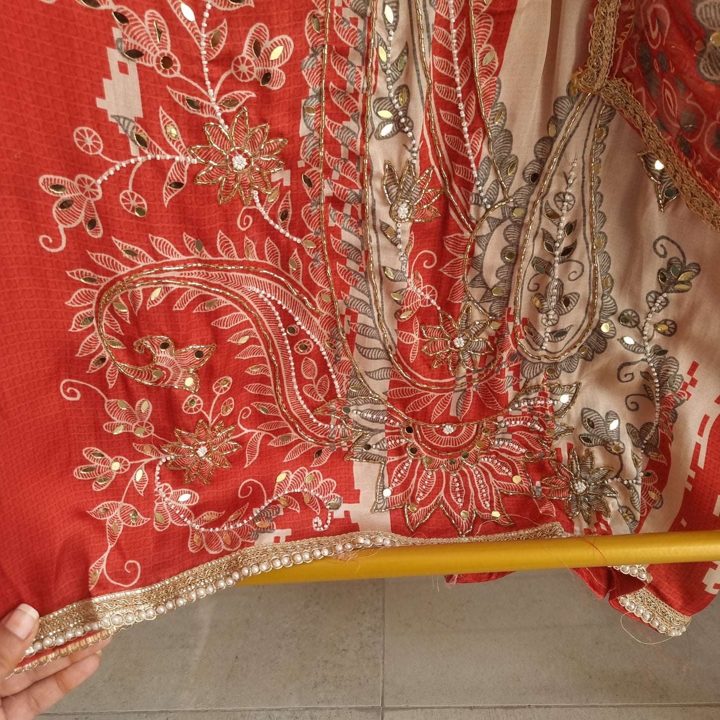 Masleen Handwork Unstitched suit with print and mirrors