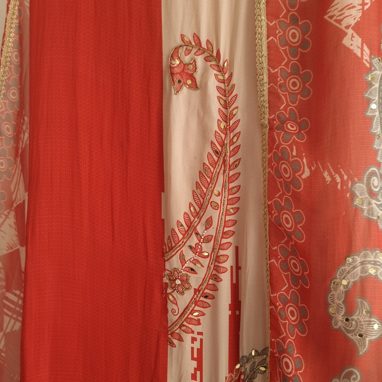 Masleen Handwork Unstitched suit with print and mirrors