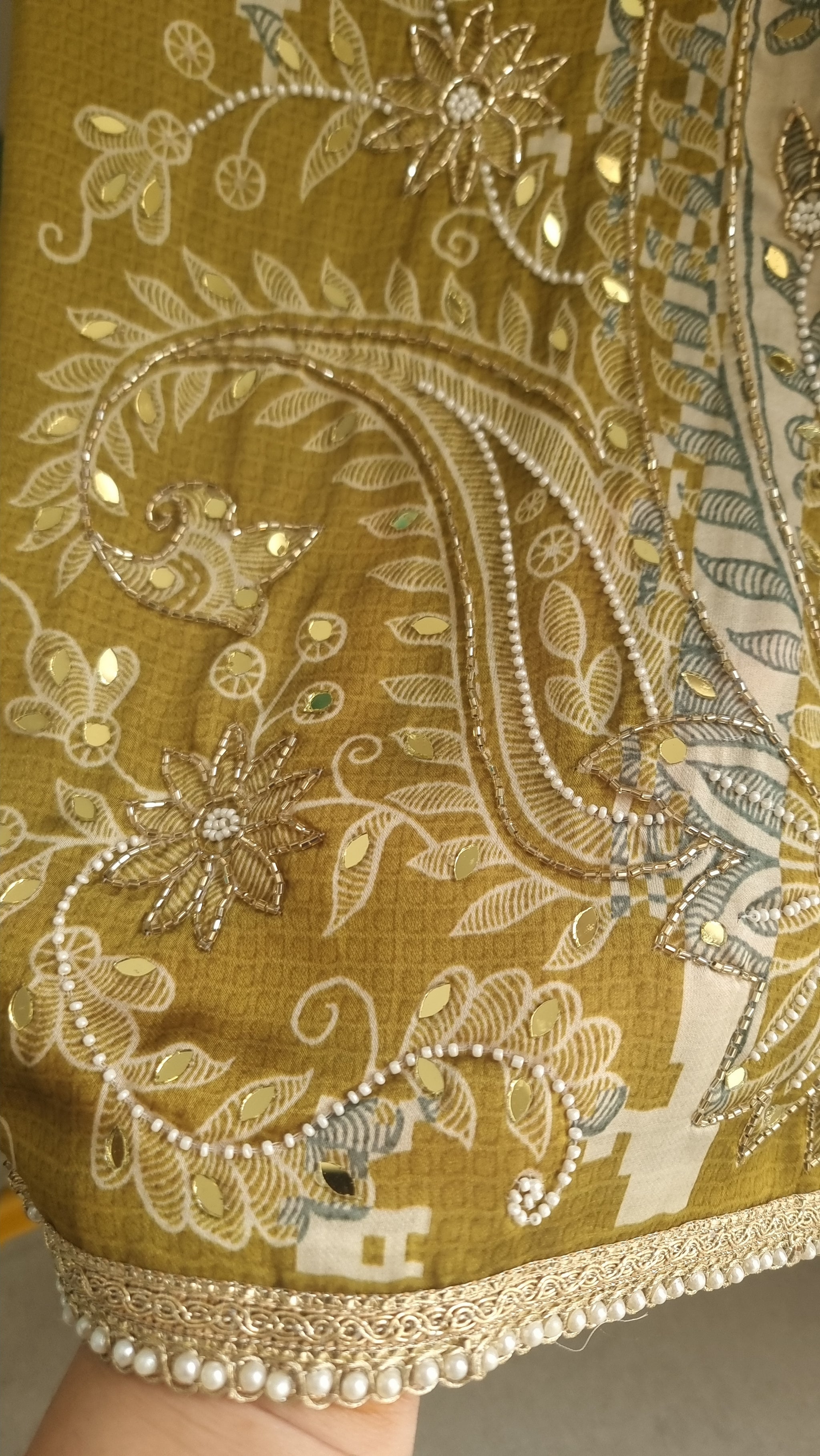 Masleen Handwork Unstitched suit with print and mirrors