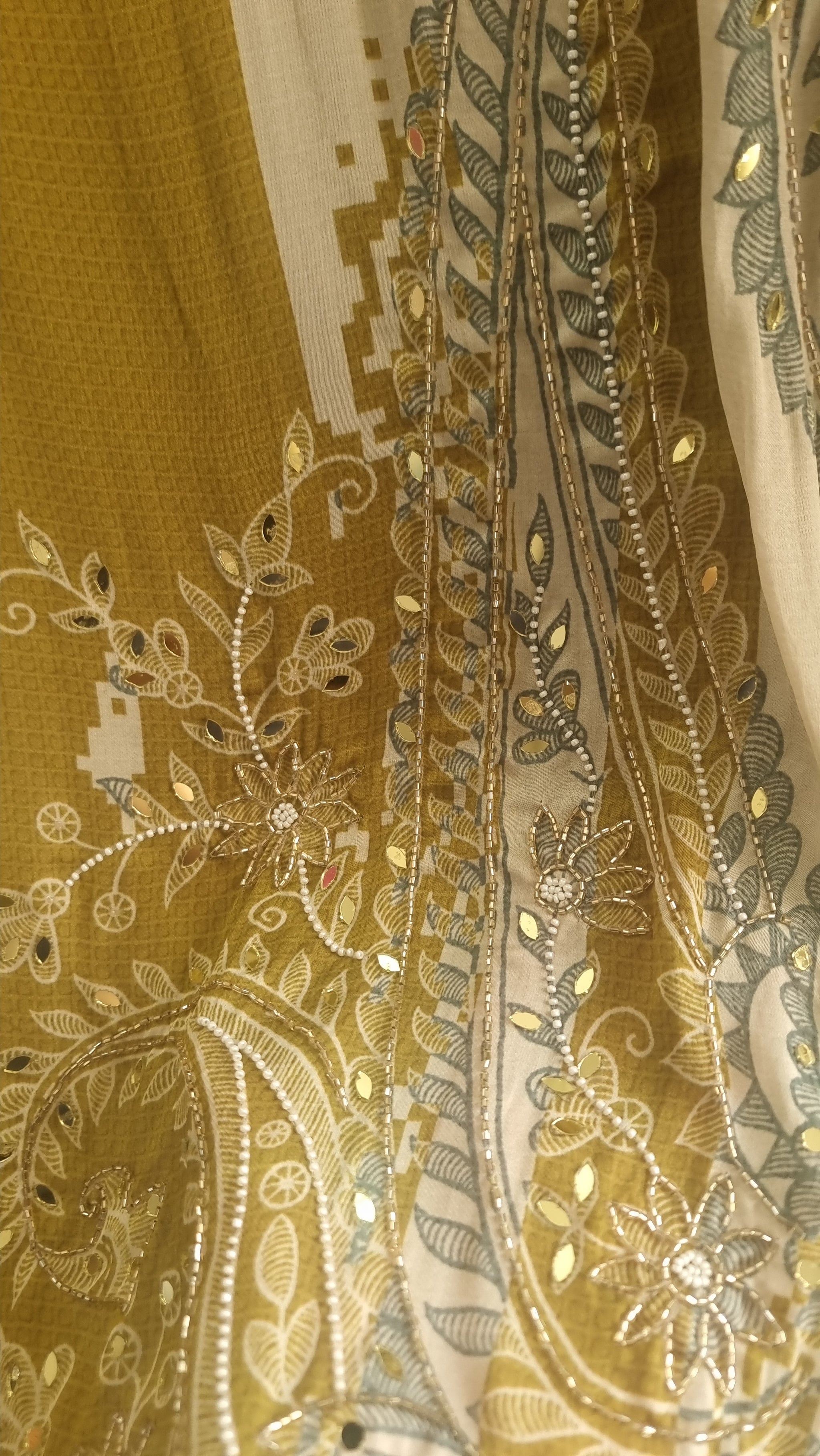 Masleen Handwork Unstitched suit with print and mirrors