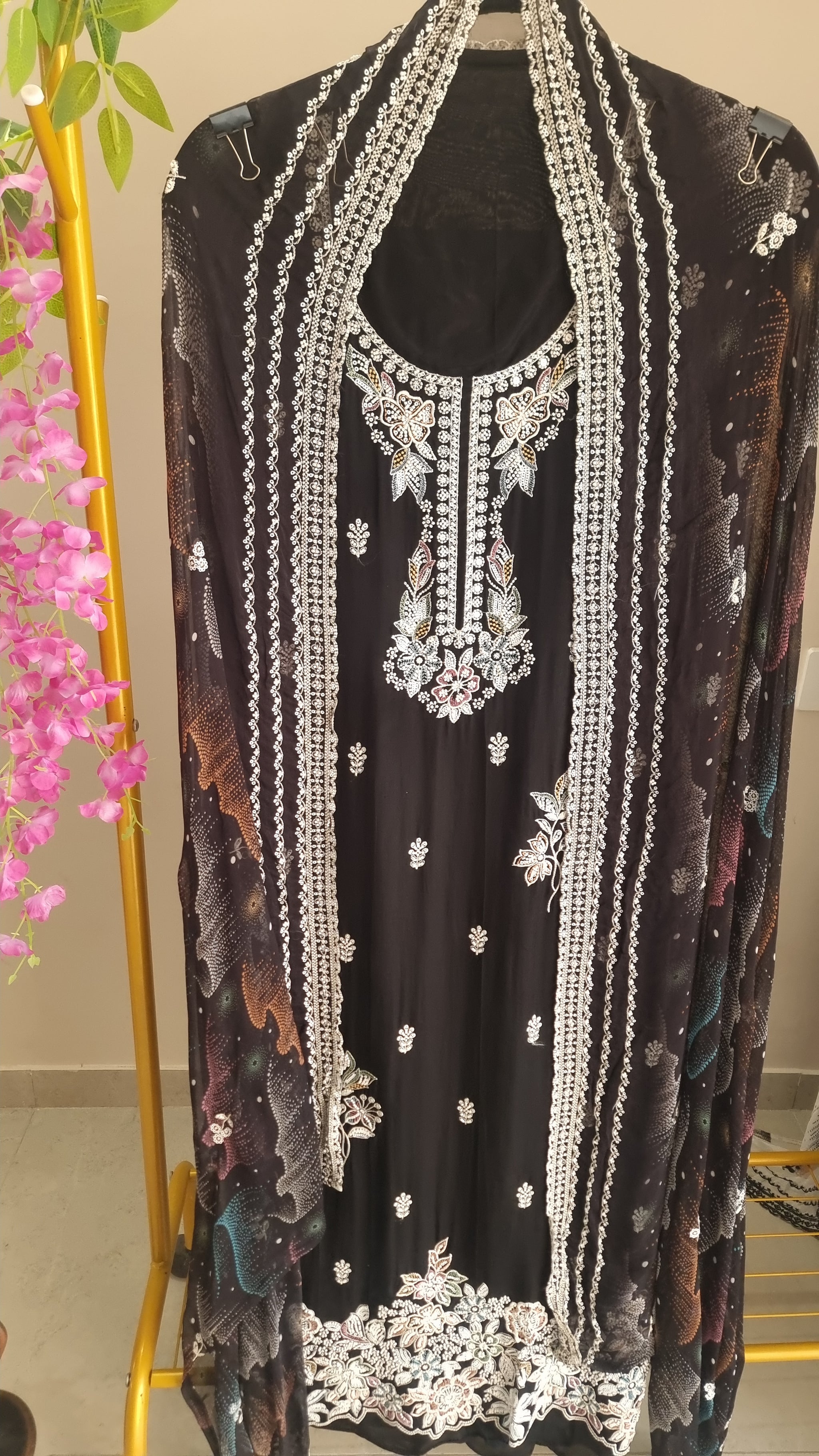 Black Opada Silk with multi color thread work.