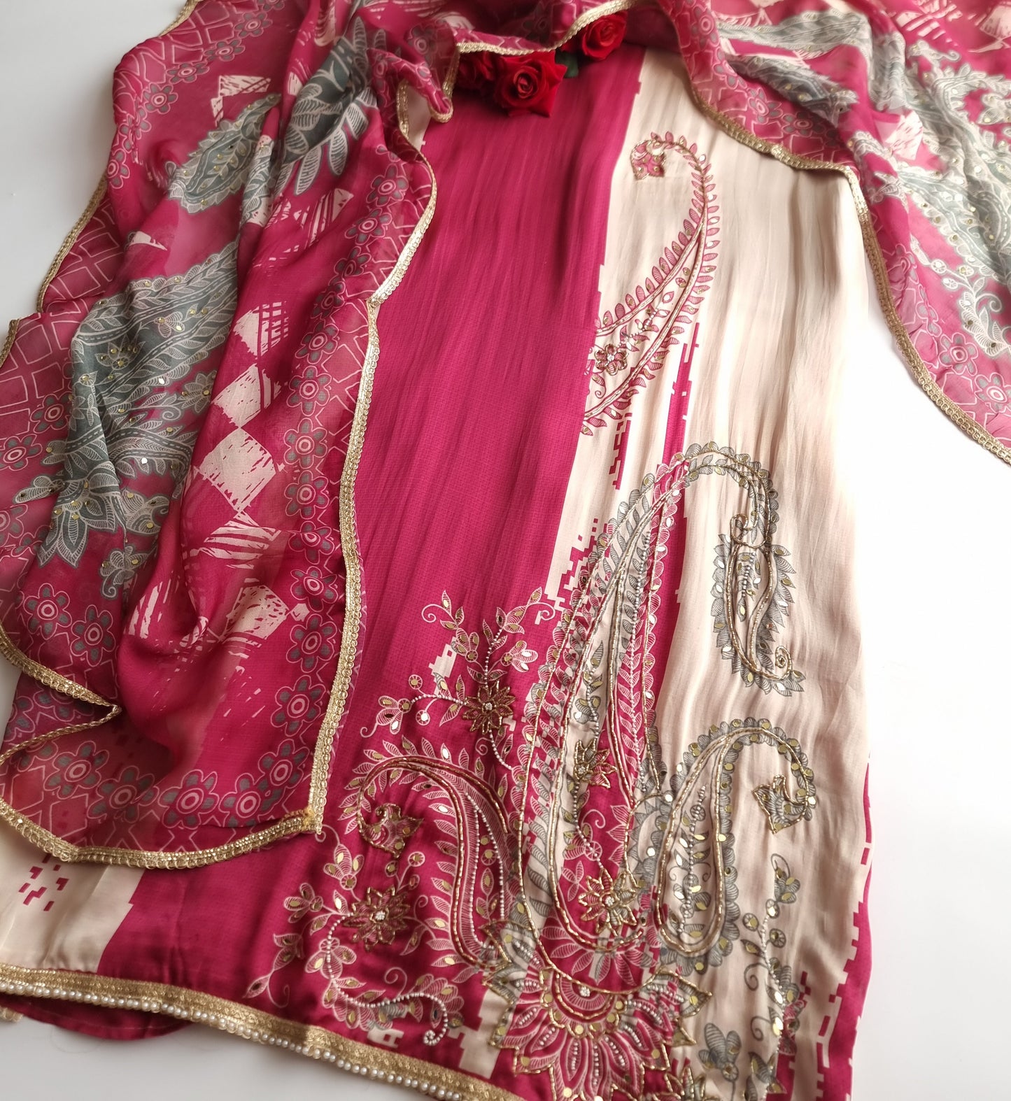 Pink Masleen Handwork Unstitched suit with print and mirrors