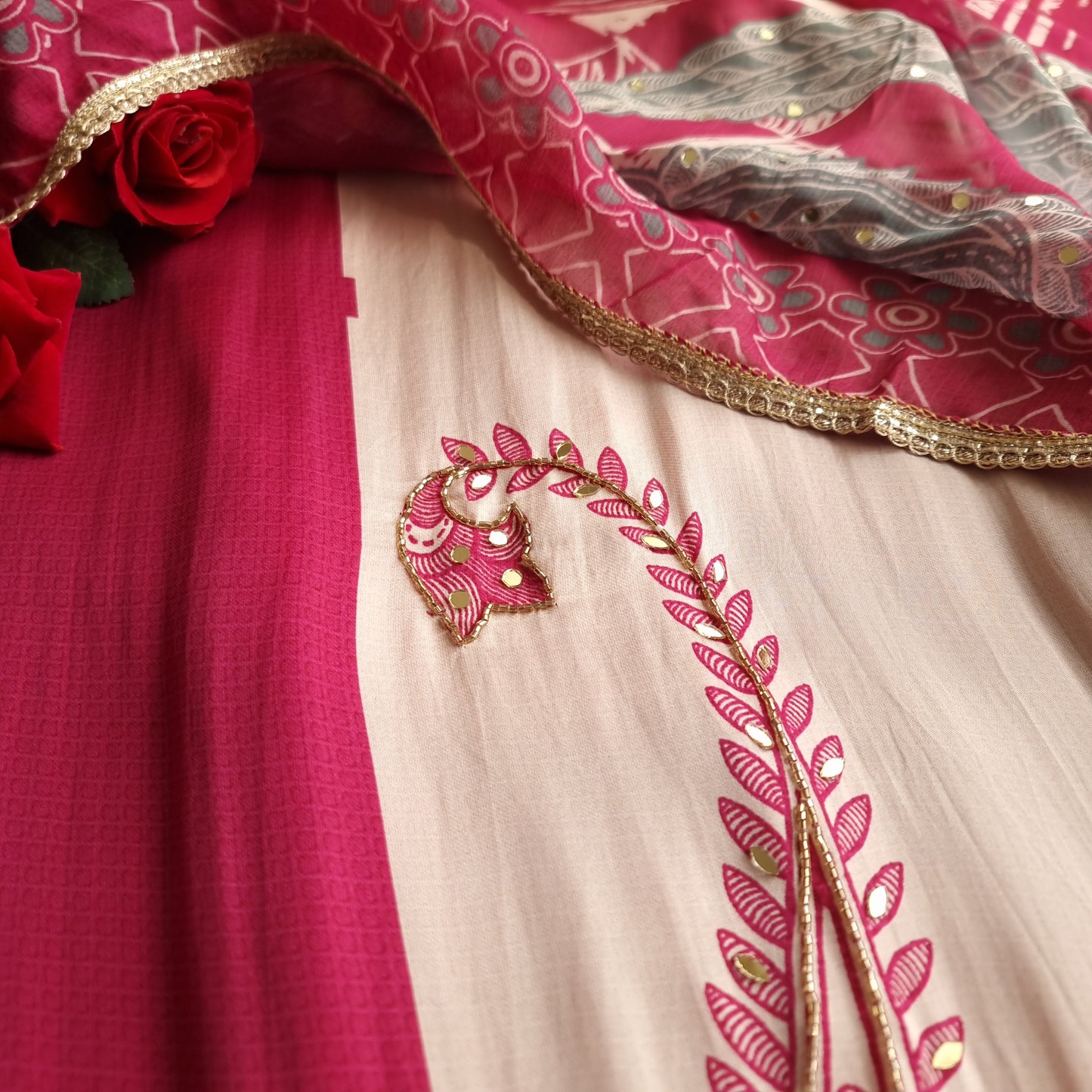 Pink Masleen Handwork Unstitched suit with print and mirrors