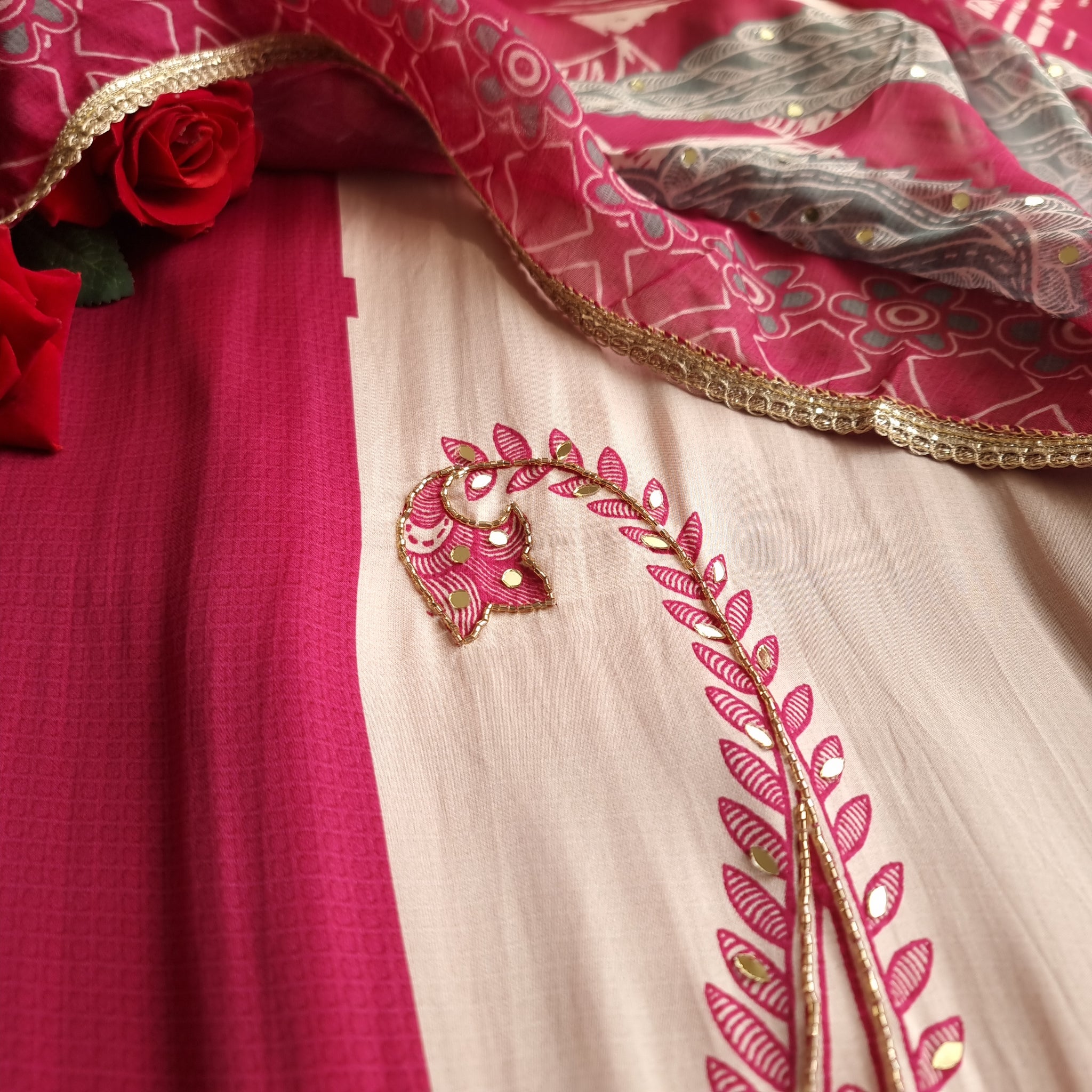 Pink Masleen Handwork Unstitched suit with print and mirrors