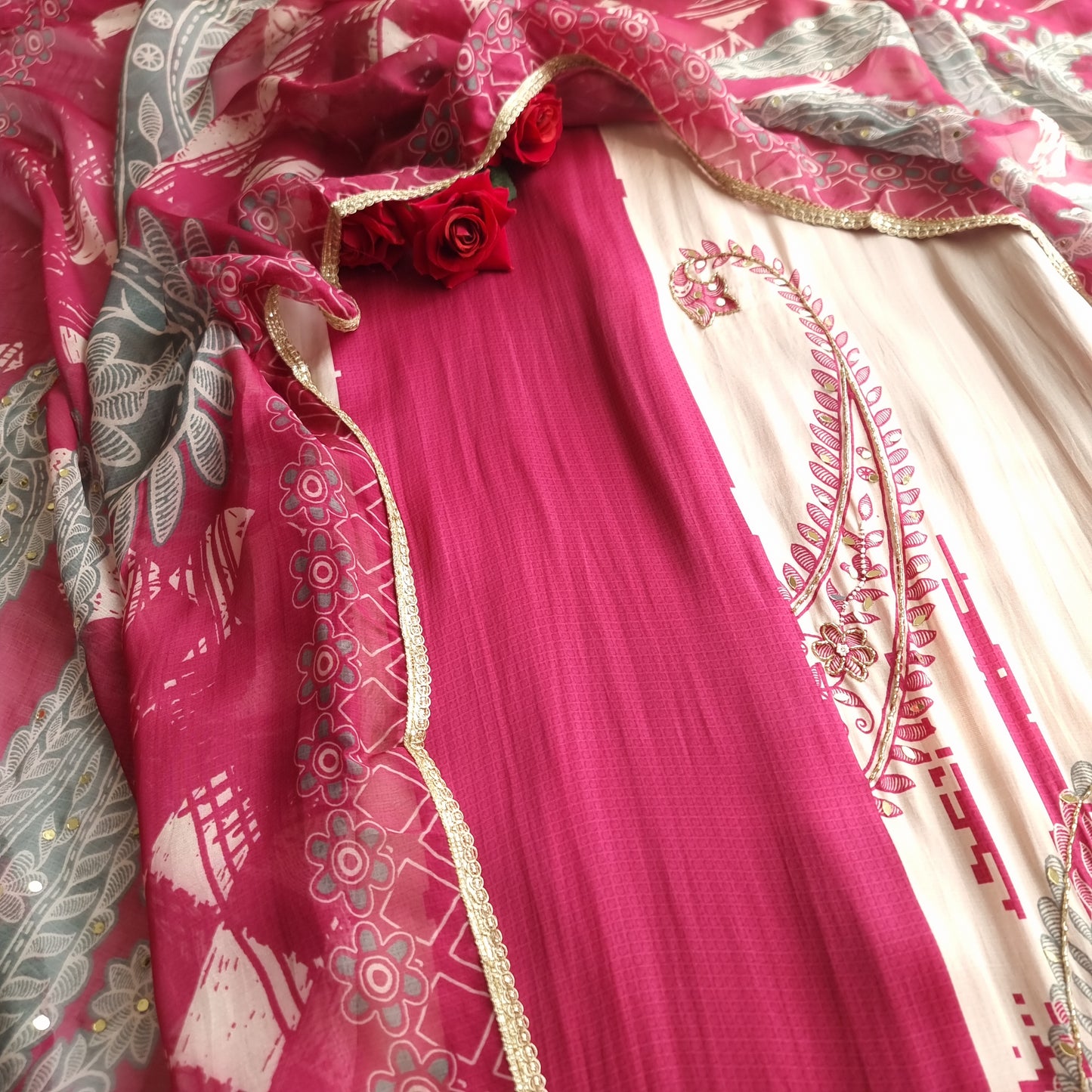 Pink Masleen Handwork Unstitched suit with print and mirrors