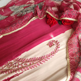 Pink Masleen Handwork Unstitched suit with print and mirrors