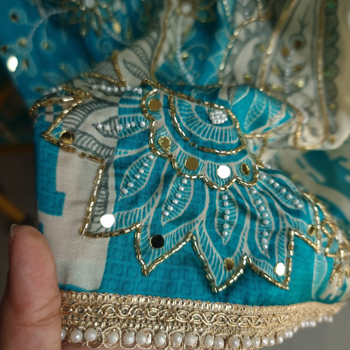 Blue Masleen Handwork Unstitched suit with print and mirrors