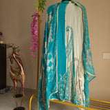 Blue Masleen Handwork Unstitched suit with print and mirrors