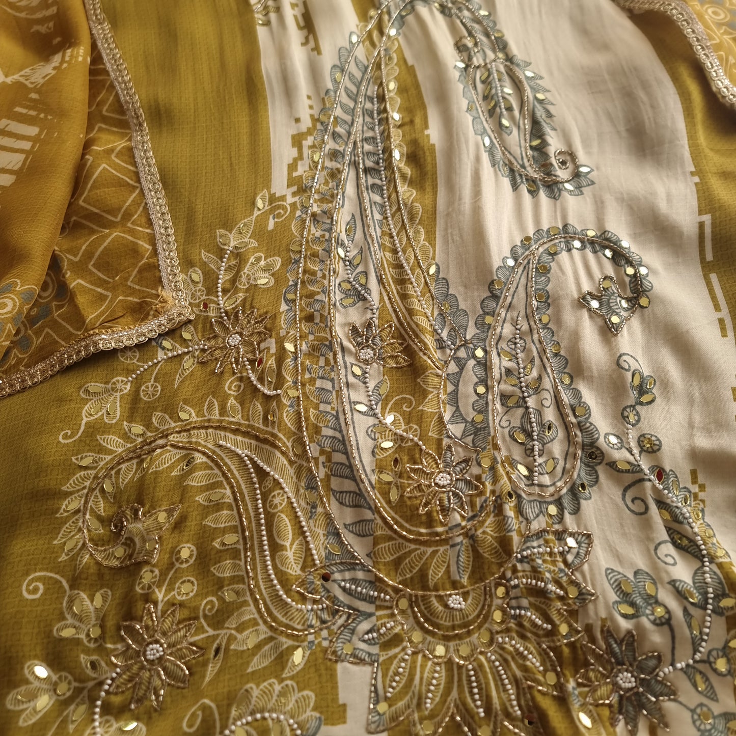 Masleen Handwork Unstitched suit with print and mirrors