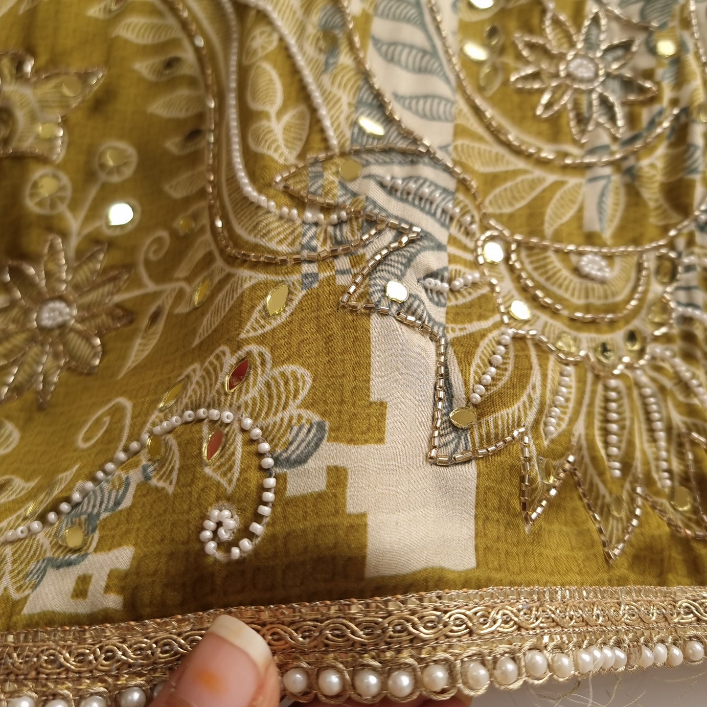 Masleen Handwork Unstitched suit with print and mirrors