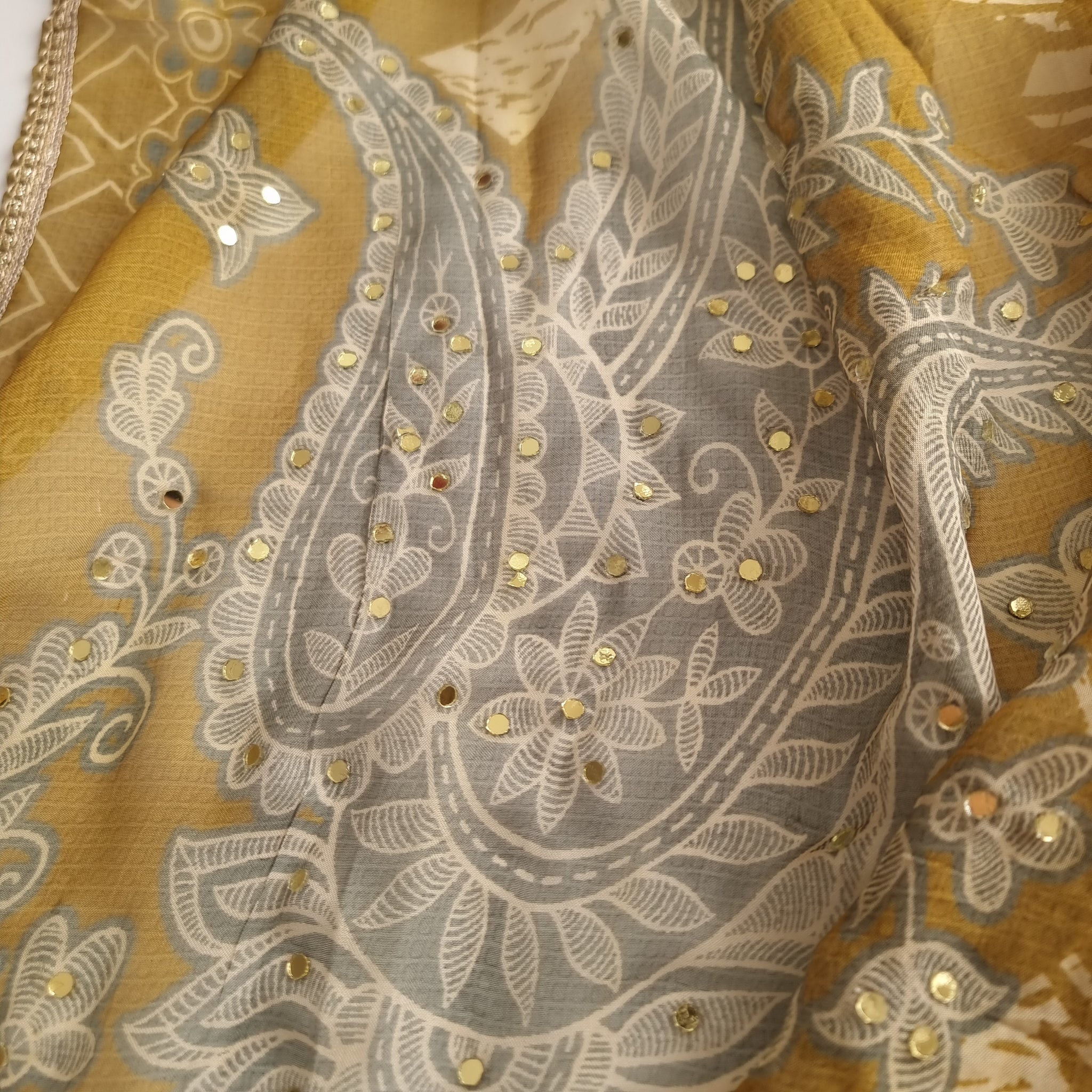 Masleen Handwork Unstitched suit with print and mirrors