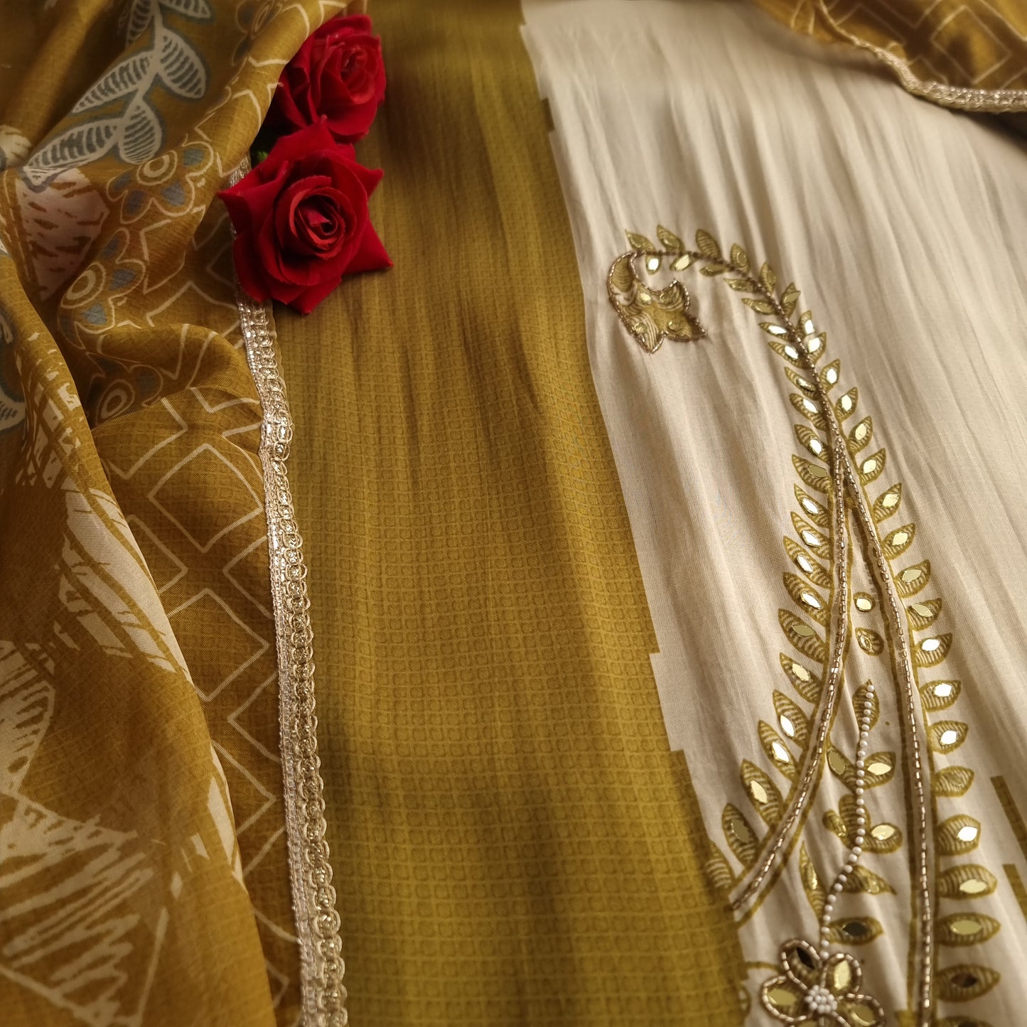 Masleen Handwork Unstitched suit with print and mirrors