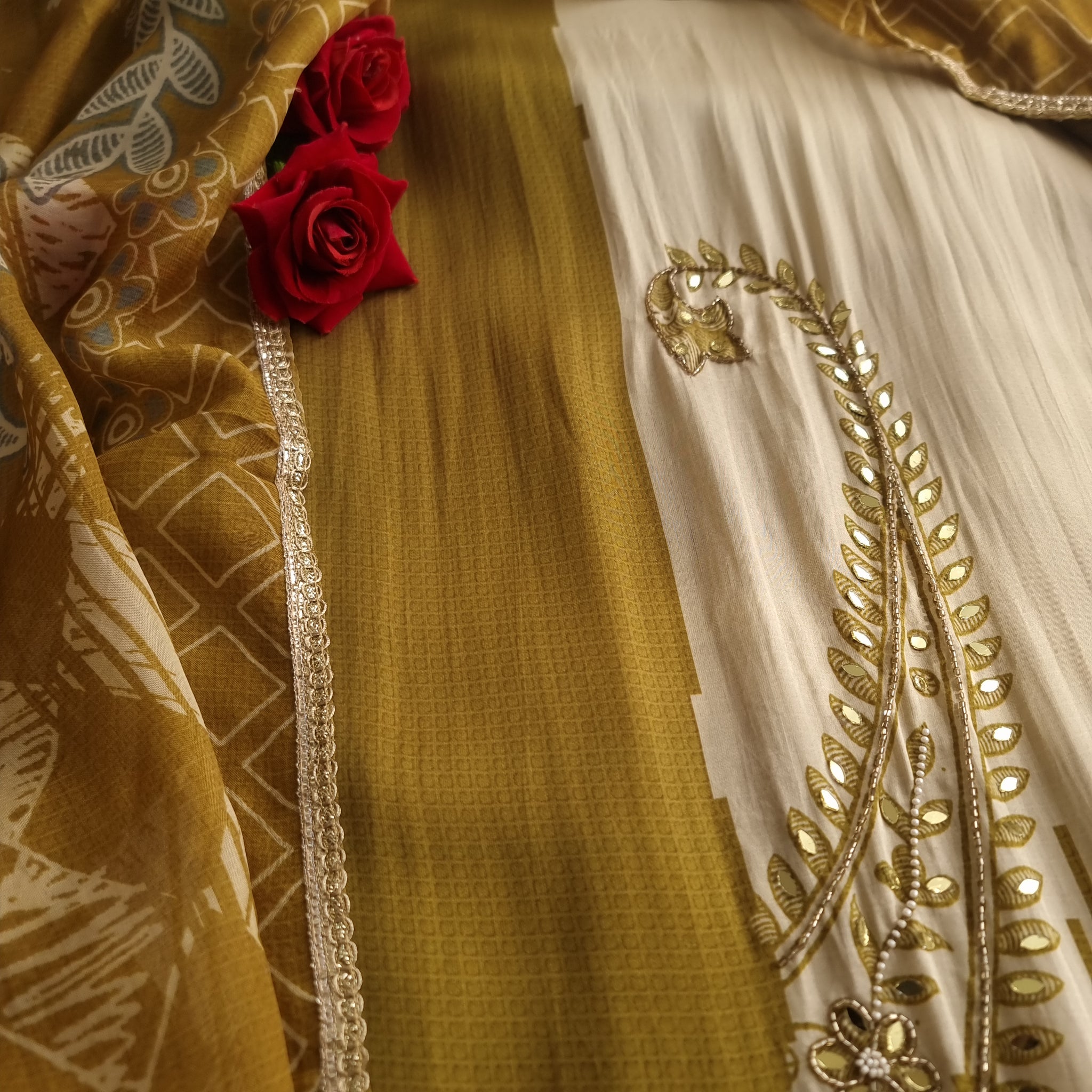 Masleen Handwork Unstitched suit with print and mirrors