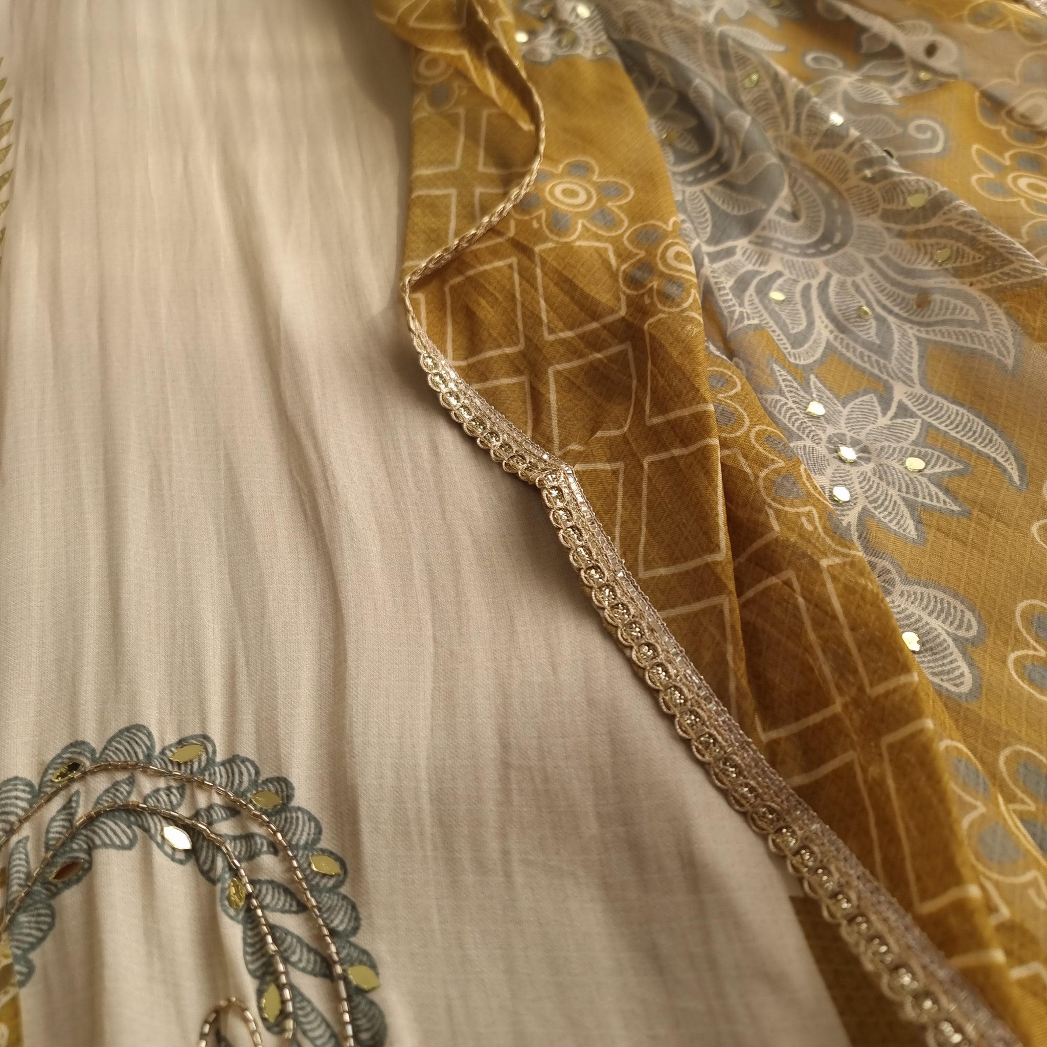 Masleen Handwork Unstitched suit with print and mirrors