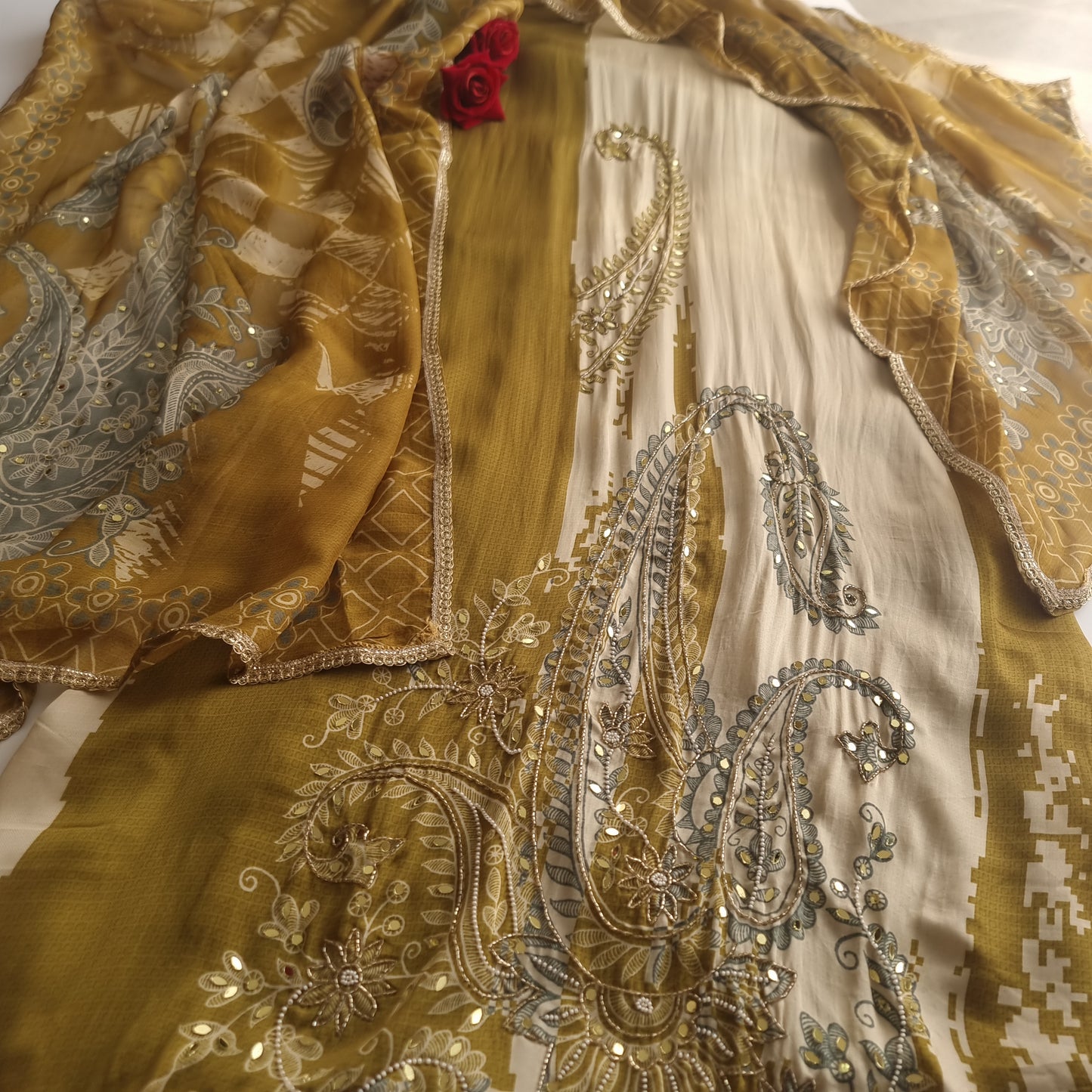 Masleen Handwork Unstitched suit with print and mirrors