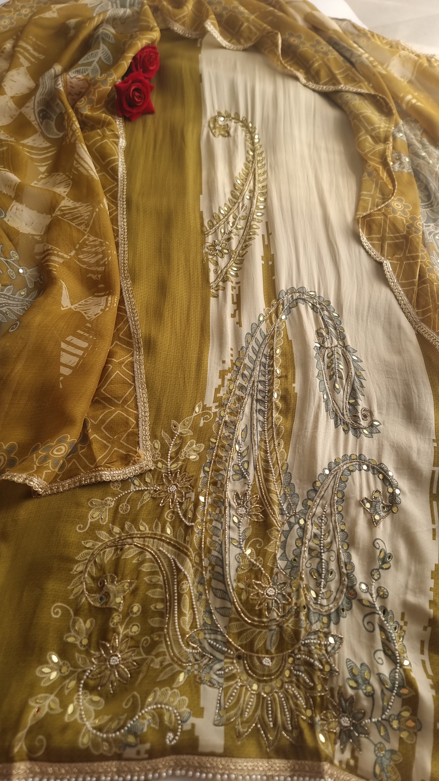 Masleen Handwork Unstitched suit with print and mirrors