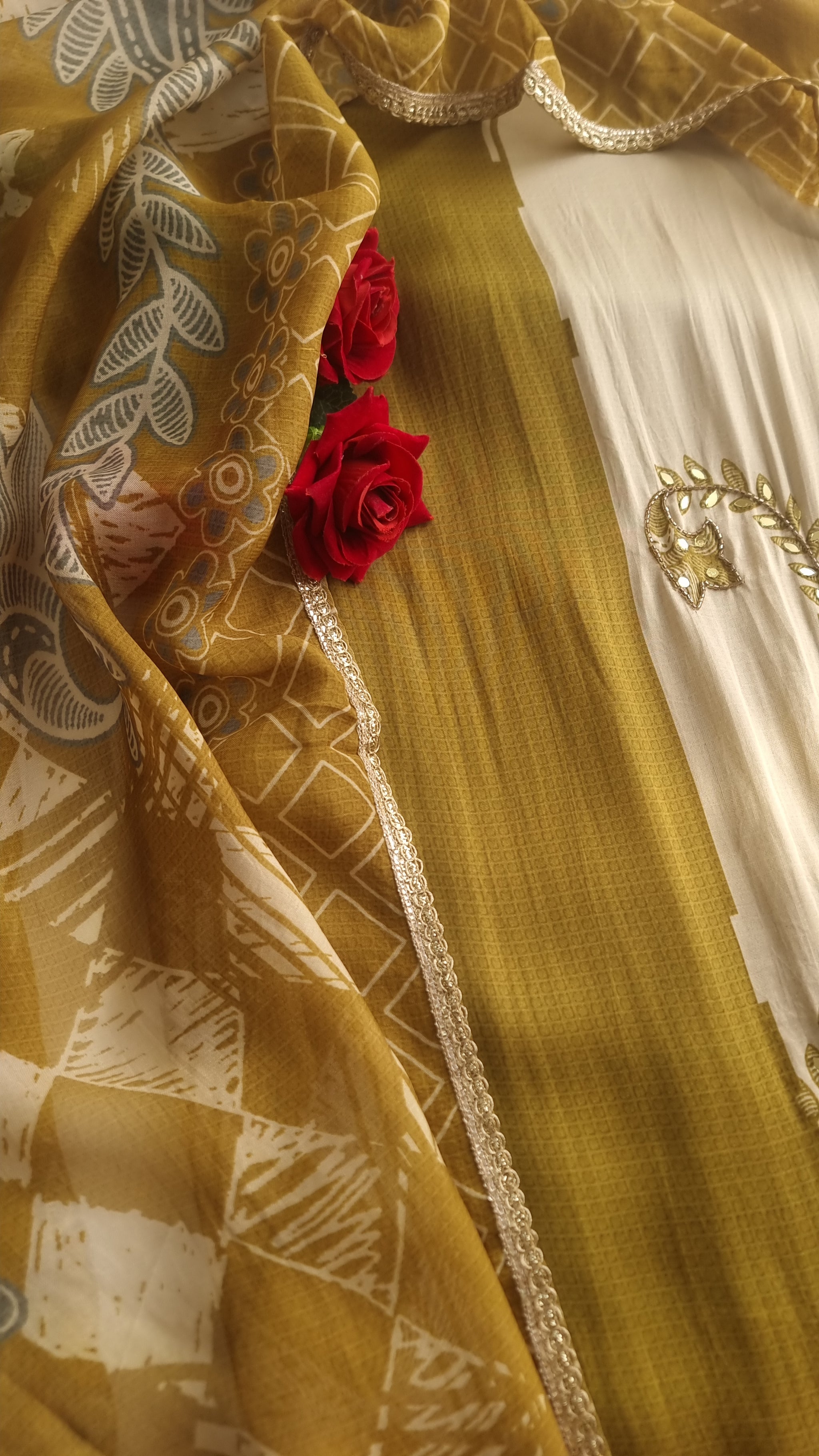 Masleen Handwork Unstitched suit with print and mirrors