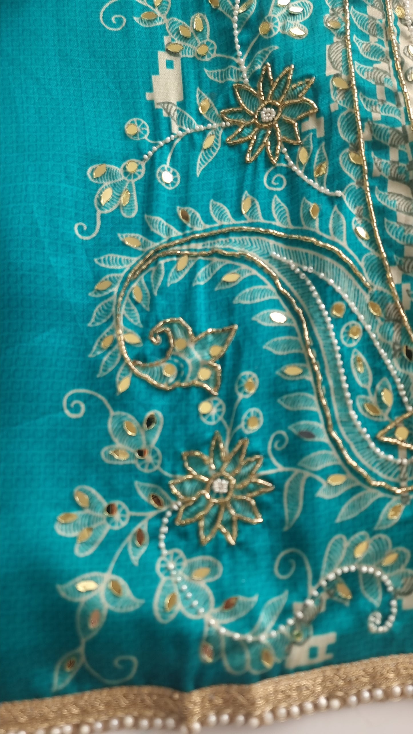 Blue Masleen Handwork Unstitched suit with print and mirrors