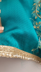 Blue Masleen Handwork Unstitched suit with print and mirrors