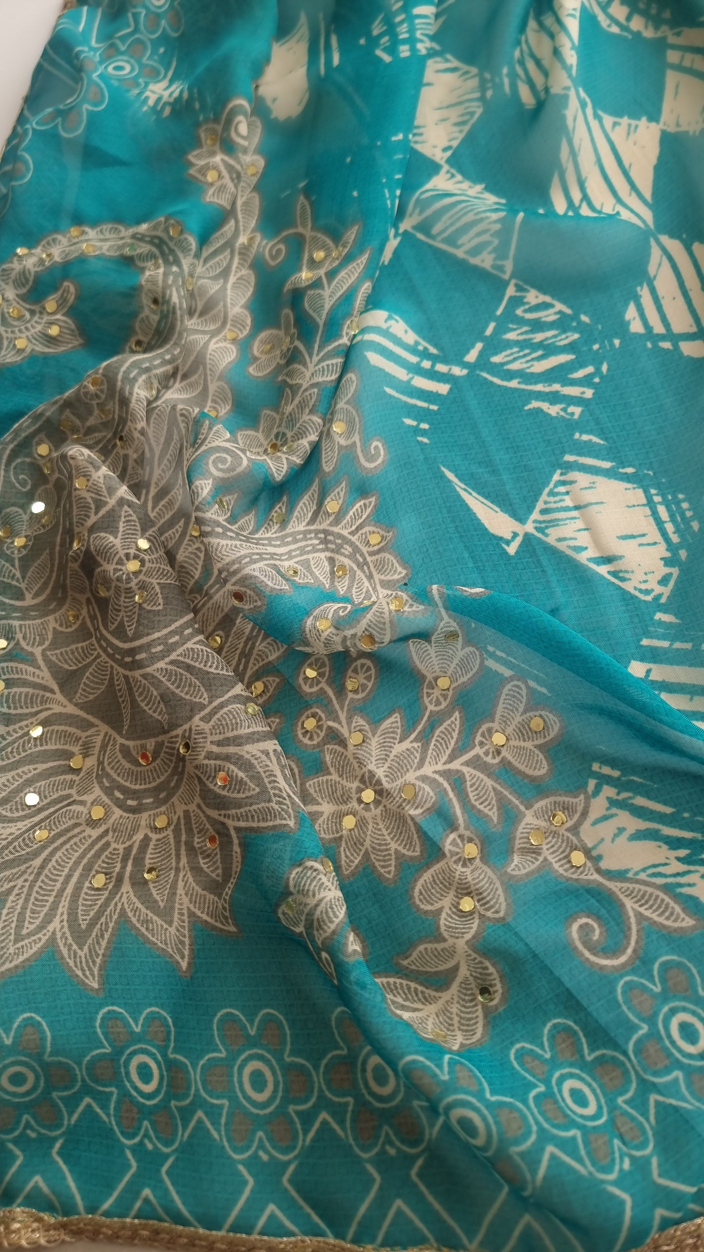 Blue Masleen Handwork Unstitched suit with print and mirrors