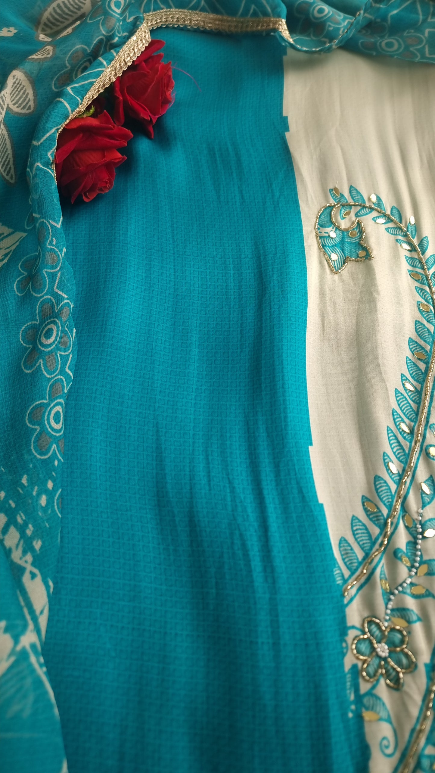 Blue Masleen Handwork Unstitched suit with print and mirrors