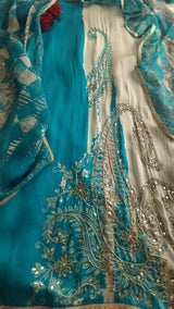 Blue Masleen Handwork Unstitched suit with print and mirrors