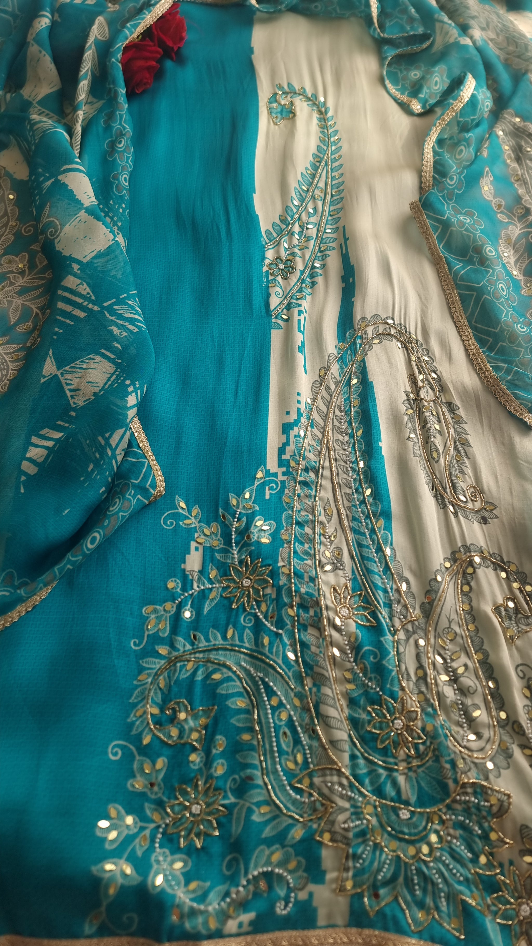 Blue Masleen Handwork Unstitched suit with print and mirrors