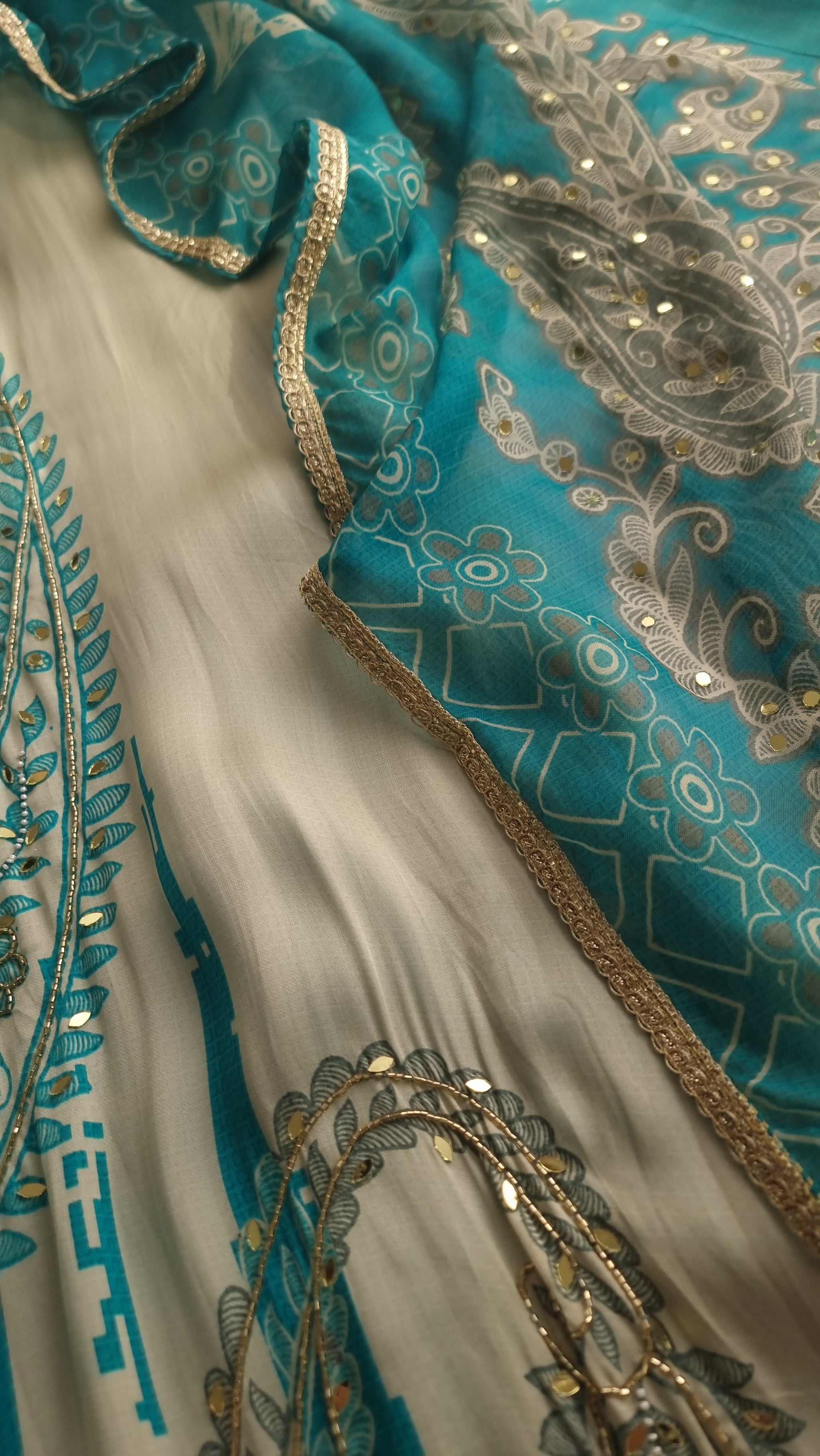 Blue Masleen Handwork Unstitched suit with print and mirrors