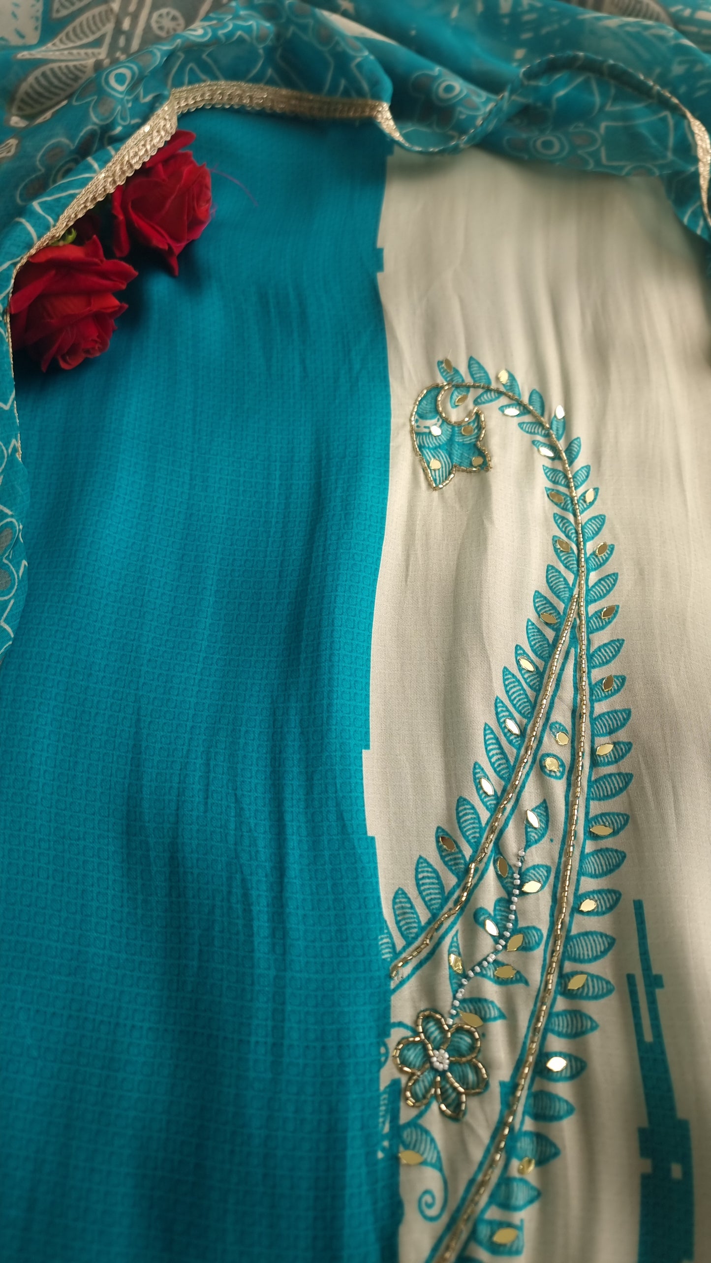 Blue Masleen Handwork Unstitched suit with print and mirrors