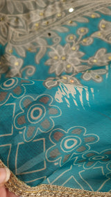 Blue Masleen Handwork Unstitched suit with print and mirrors