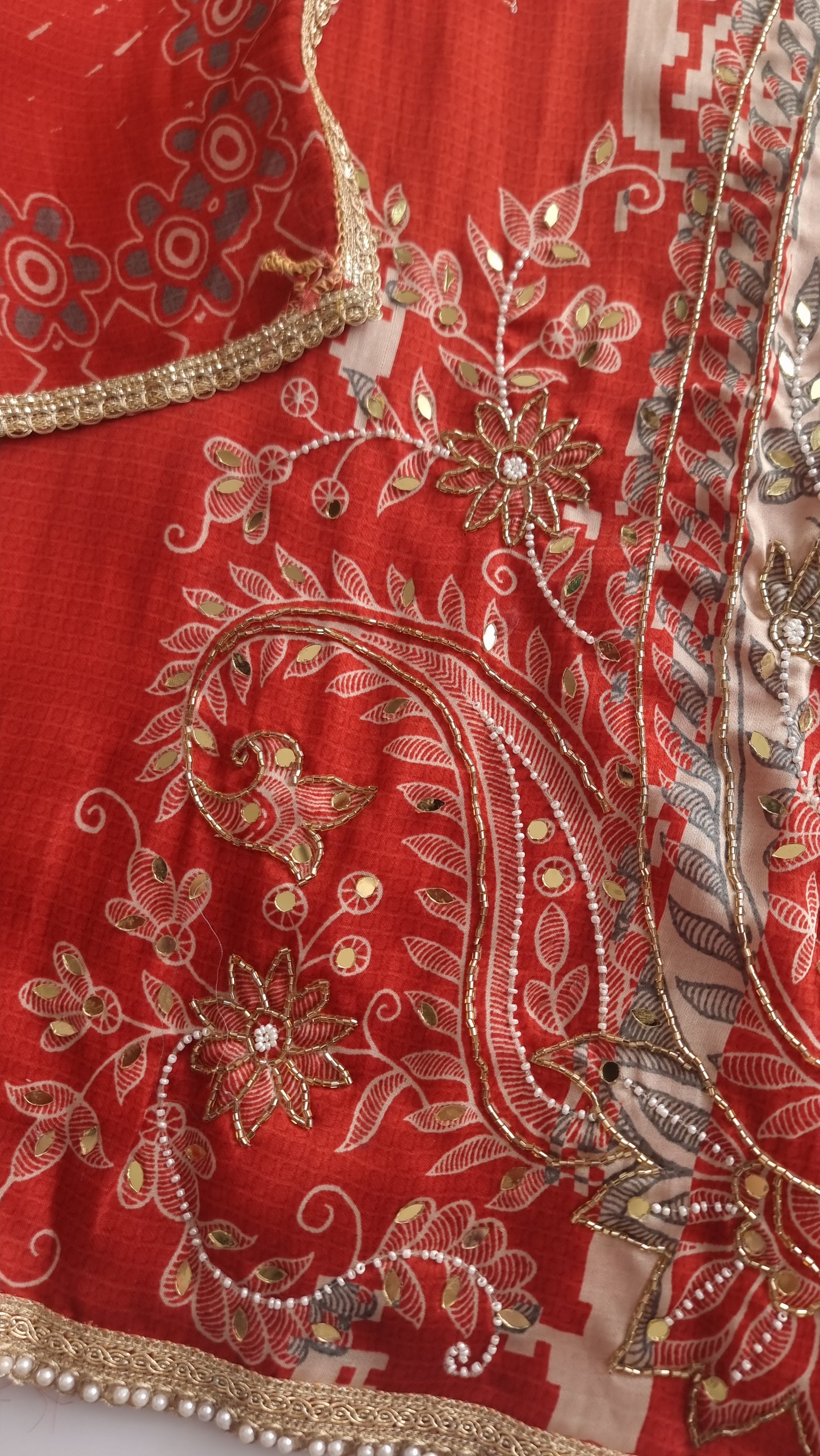 Masleen Handwork Unstitched suit with print and mirrors