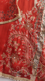 Masleen Handwork Unstitched suit with print and mirrors