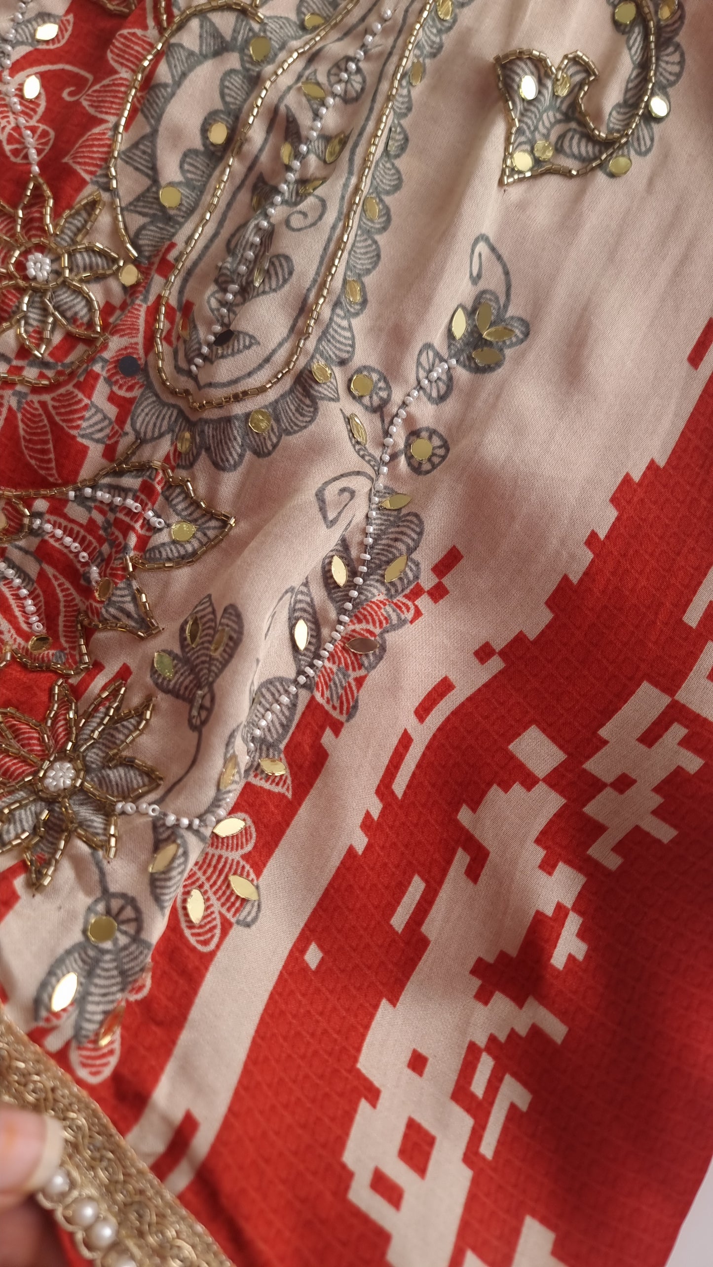 Masleen Handwork Unstitched suit with print and mirrors