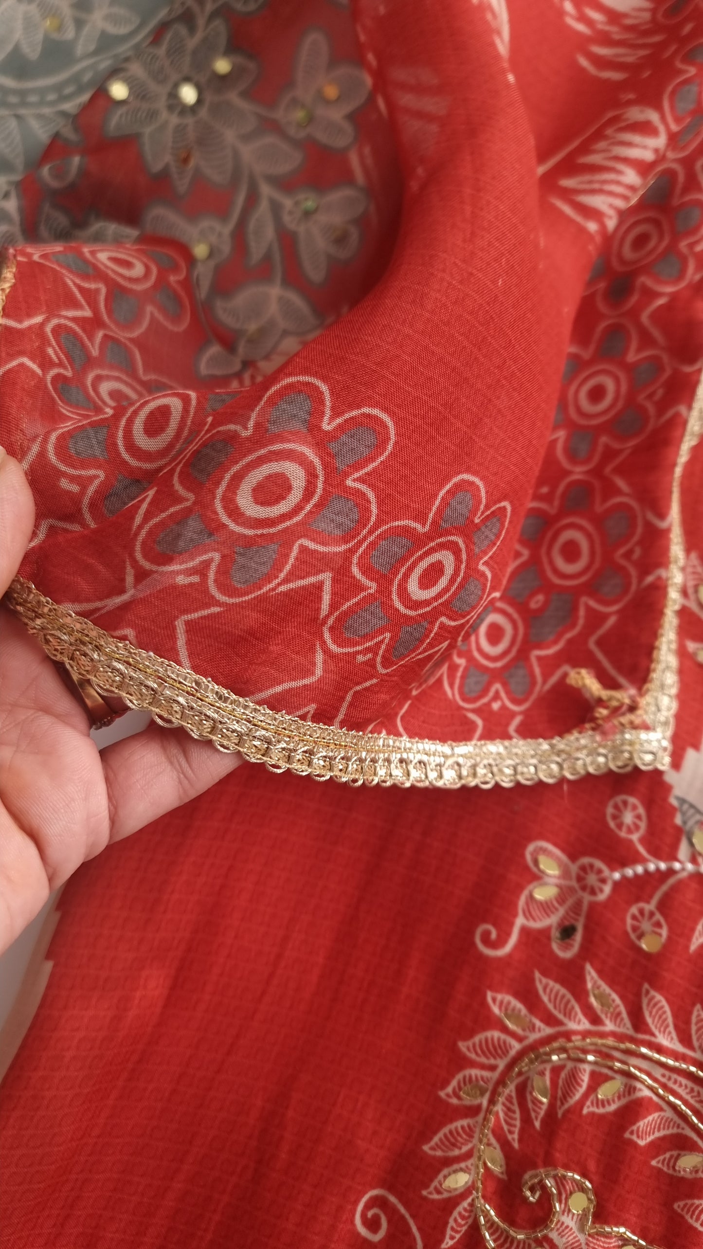 Masleen Handwork Unstitched suit with print and mirrors