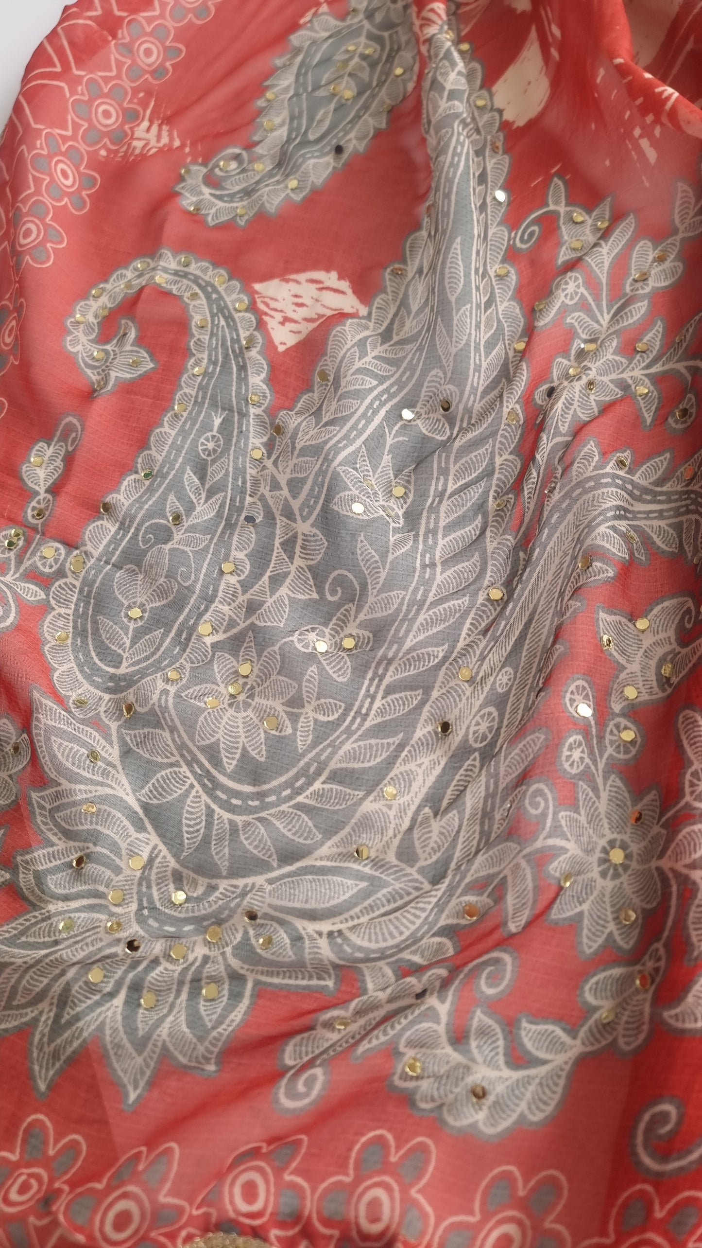 Masleen Handwork Unstitched suit with print and mirrors