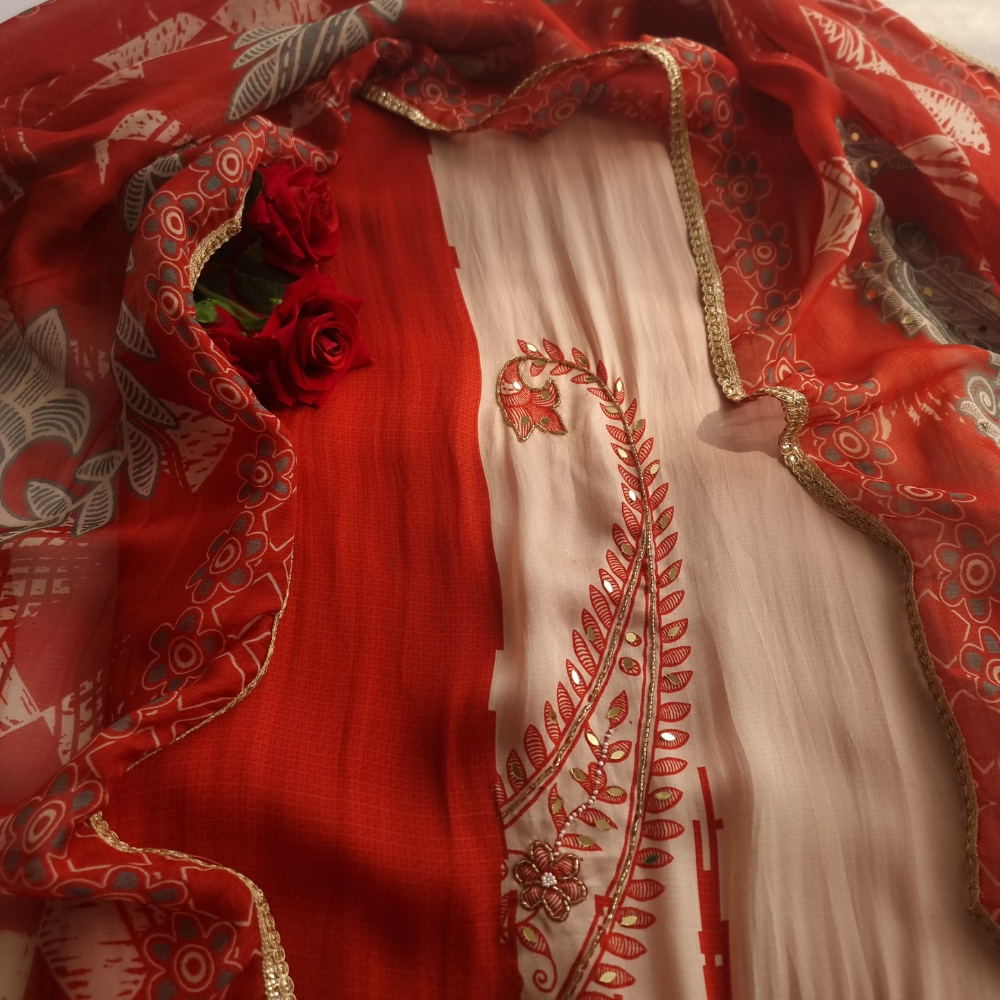 Masleen Handwork Unstitched suit with print and mirrors