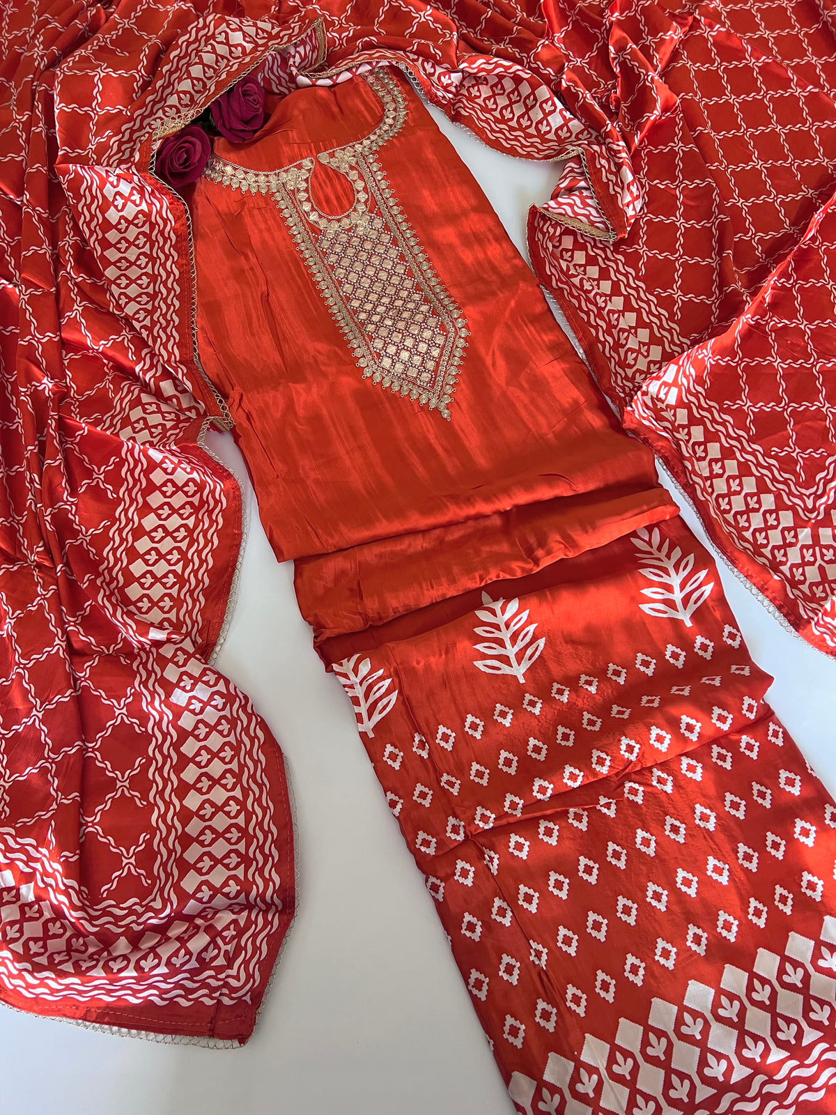 Orange Gajji Silk With gotta work neck Unstitched suit